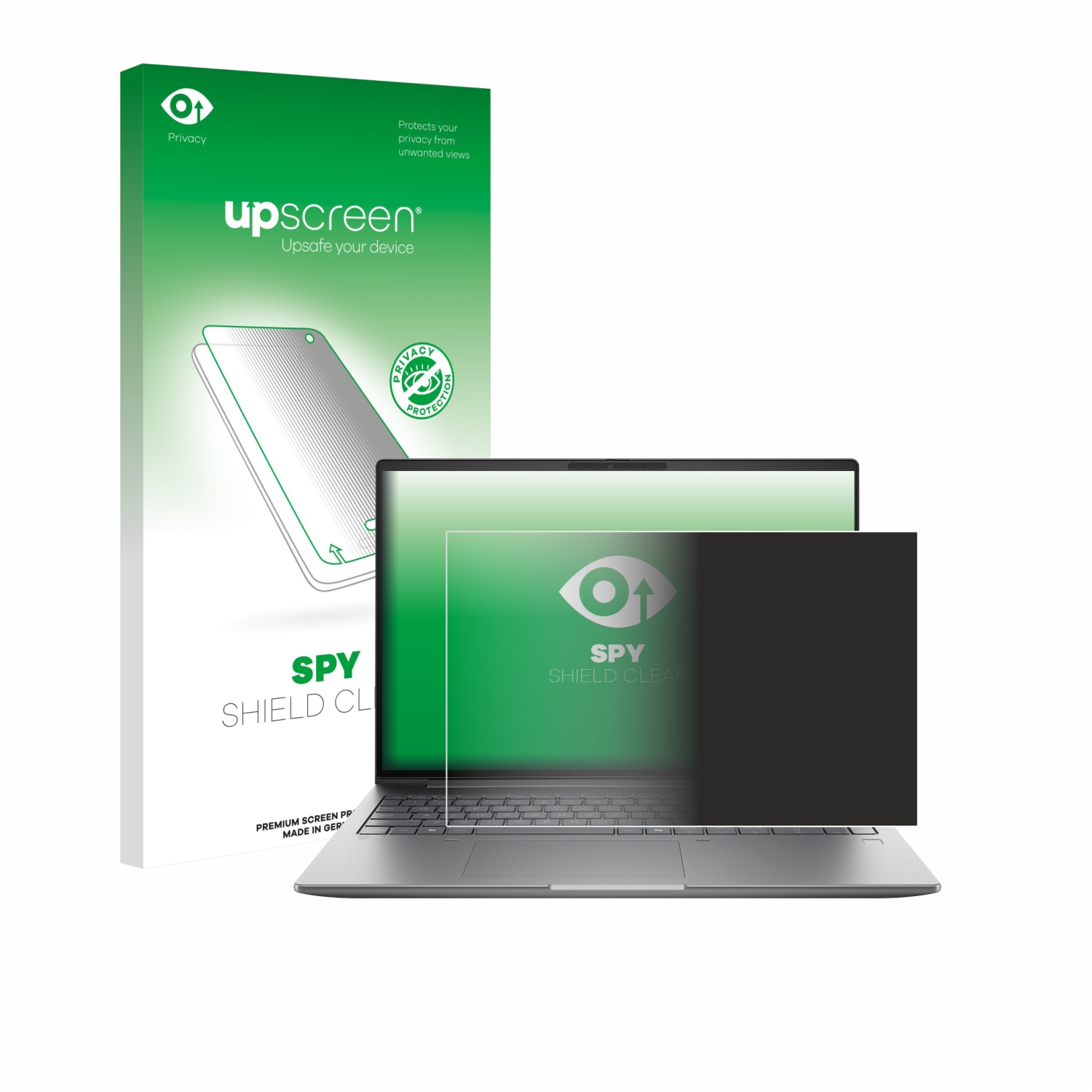 Laptop mit Sichtschutzfolie und Verpackung. Grüne Verpackung mit "upscreen" Logo.