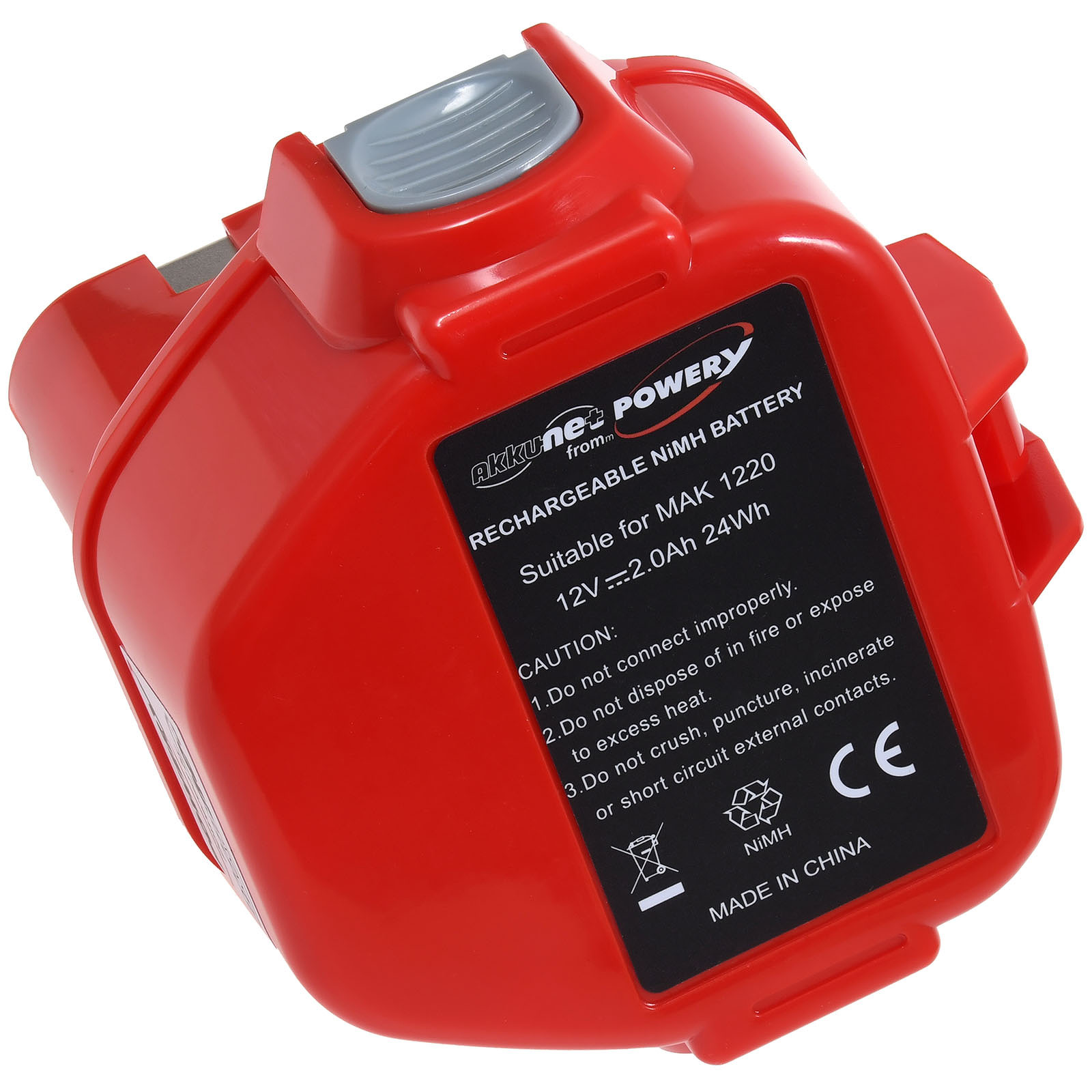 Rote Akku für MAK 1220, 12V, 2,0Ah, NiMH, mit Warnhinweisen.