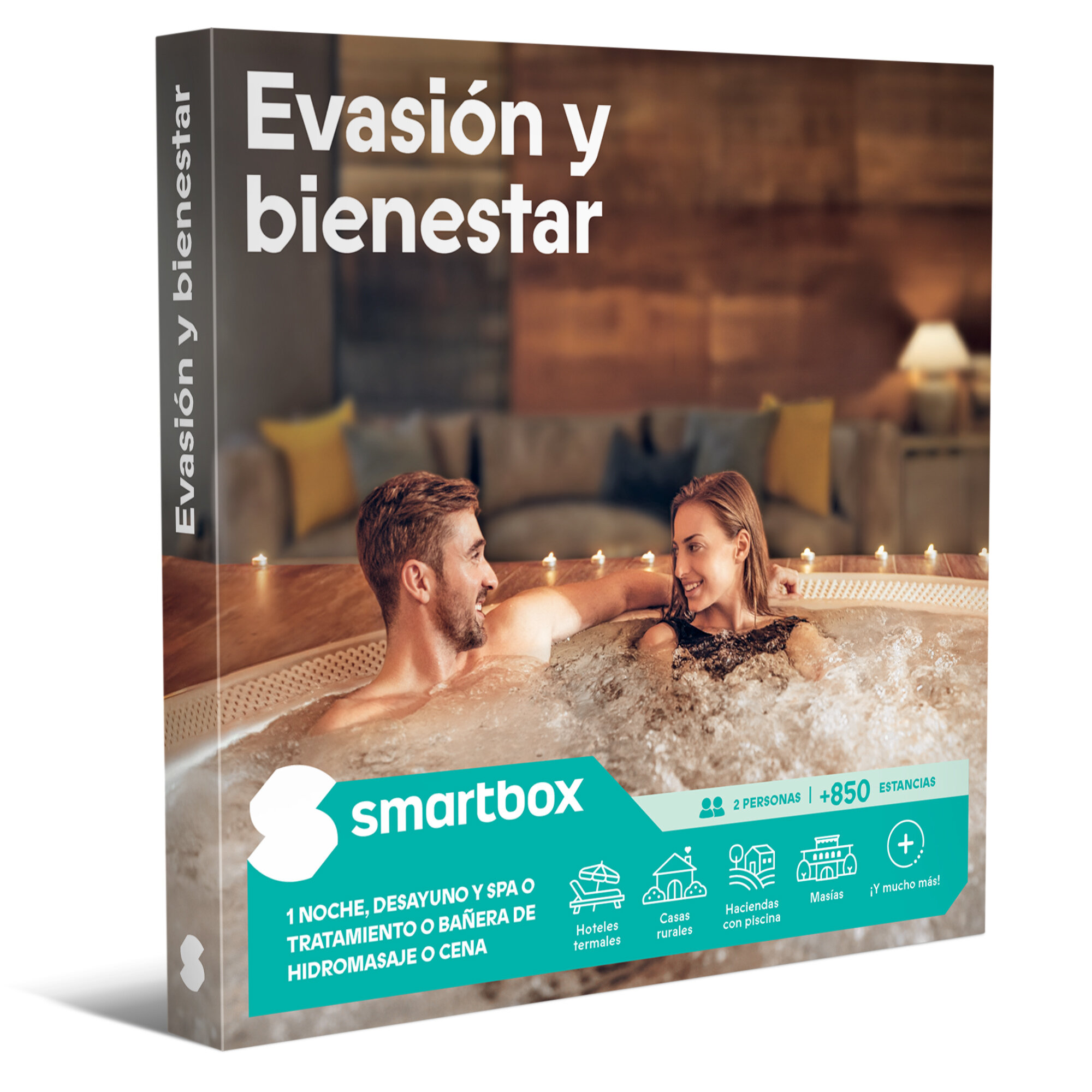 Una pareja relajándose en un jacuzzi, envoltorio Smartbox para experiencias de bienestar.