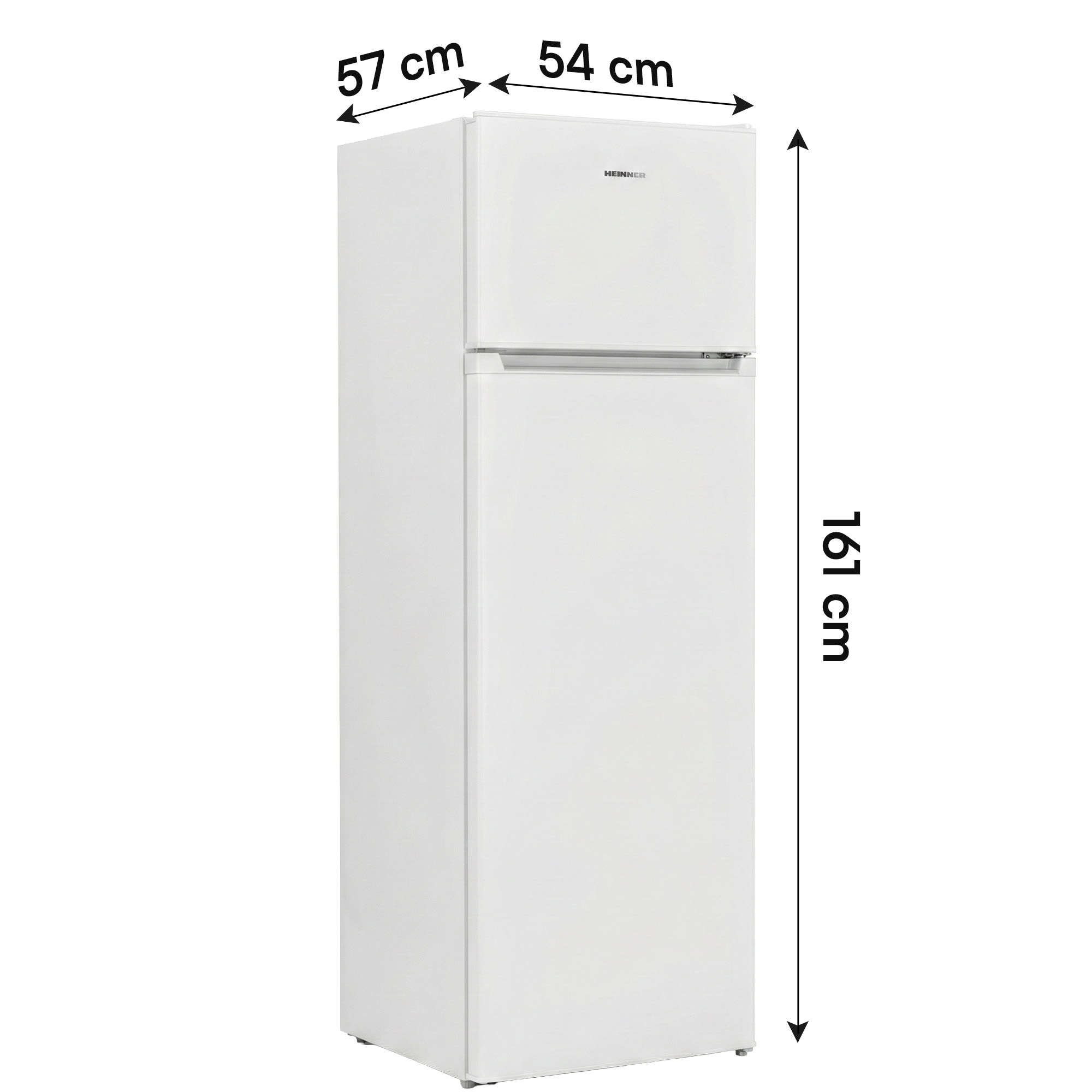 Een witte koelkast met vriesvak, 161 cm hoog.