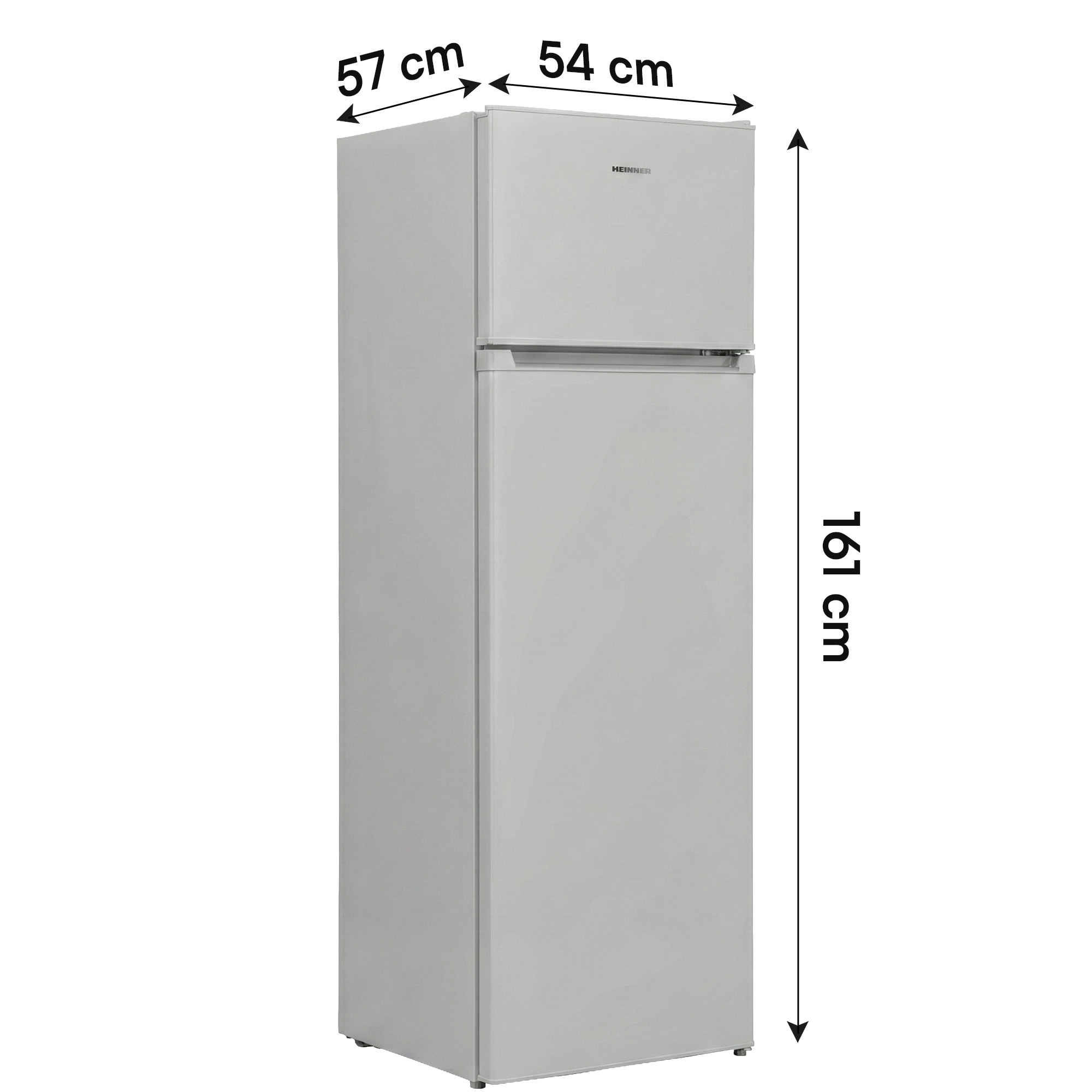 Witte koelkast met vriesvak, H 161 cm, B 57 cm, D 54 cm.