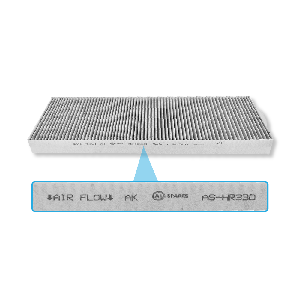 Filtro aria grigio con marchi 'AIR FLOW', 'AK', 'ALLSPARES', 'AS-HR330'.