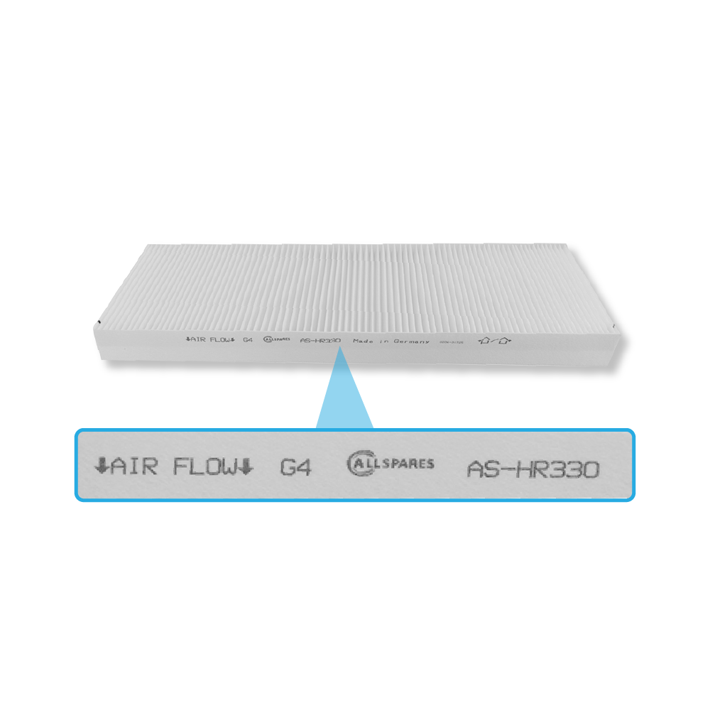 Un filtro aria bianco plissettato con testo AIR FLOW G4 ALLSPARES AS-HR330.