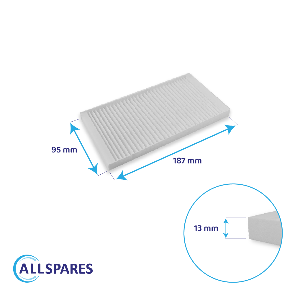 Ein weißer Luftfilter mit Maßen 187x95x13mm, mit Pfeilen und Beschriftungen.