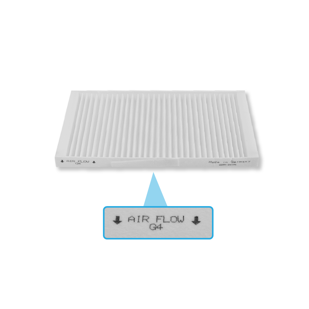 Ein weißer Luftfilter mit Falten und der Aufschrift Air Flow G4. Hergestellt in Deutschland.