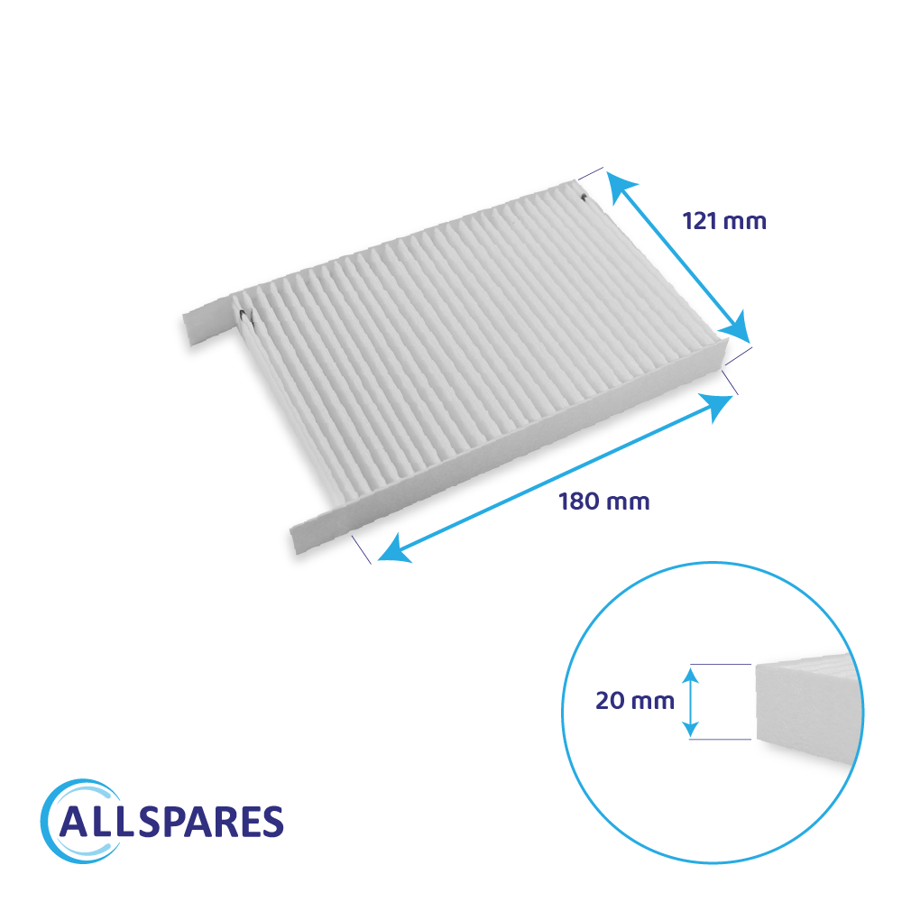 Un filtro aria bianco plissettato, 180x121x20 mm. Logo Allspares.