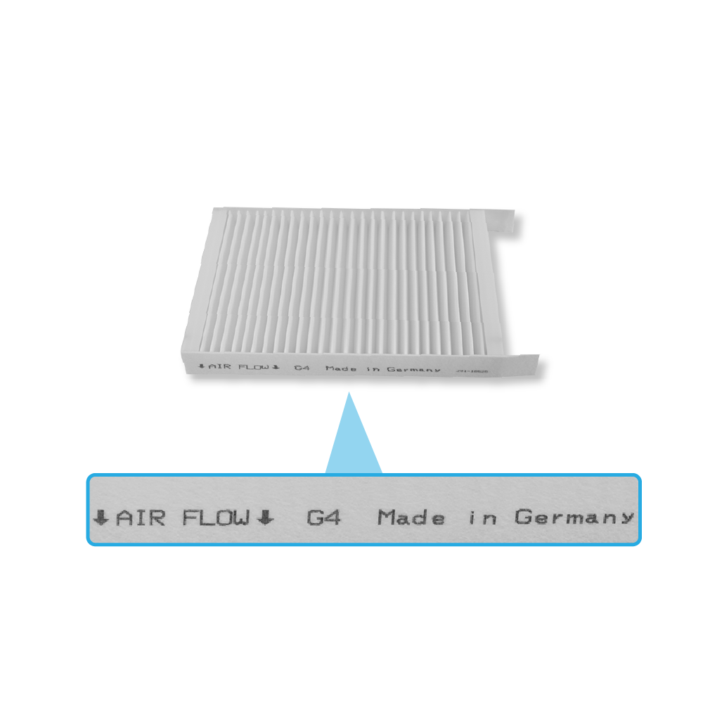 Un filtro aria bianco con testo "AIR FLOW" e "Made in Germany".