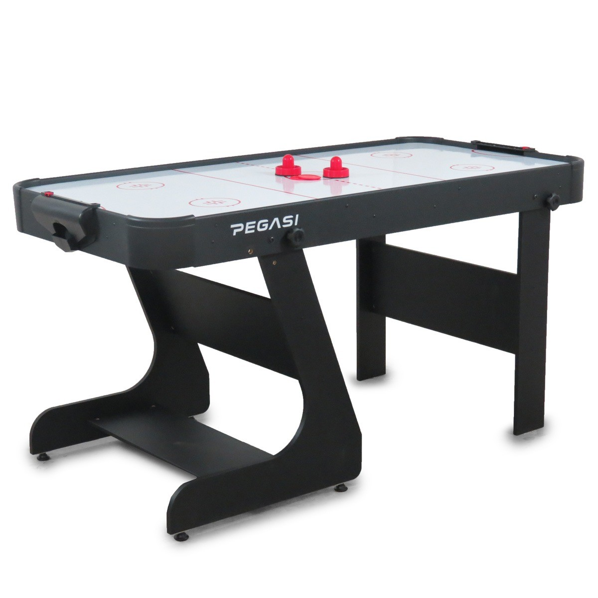 A black air hockey table with red markings and two red mallets.