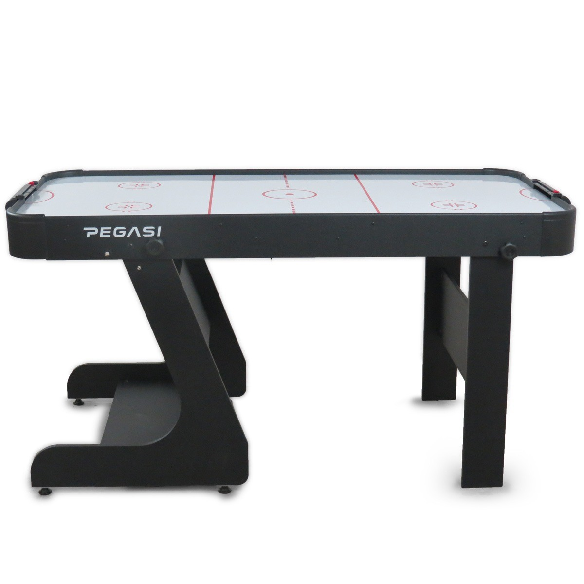 A black air hockey table with a white playing surface and red markings.