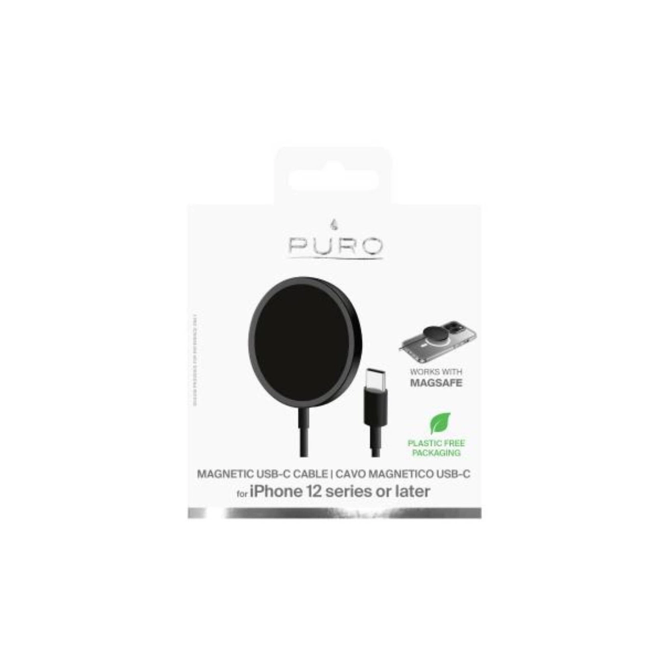 Câble USB-C magnétique Puro pour iPhone 12, disque de charge noir.