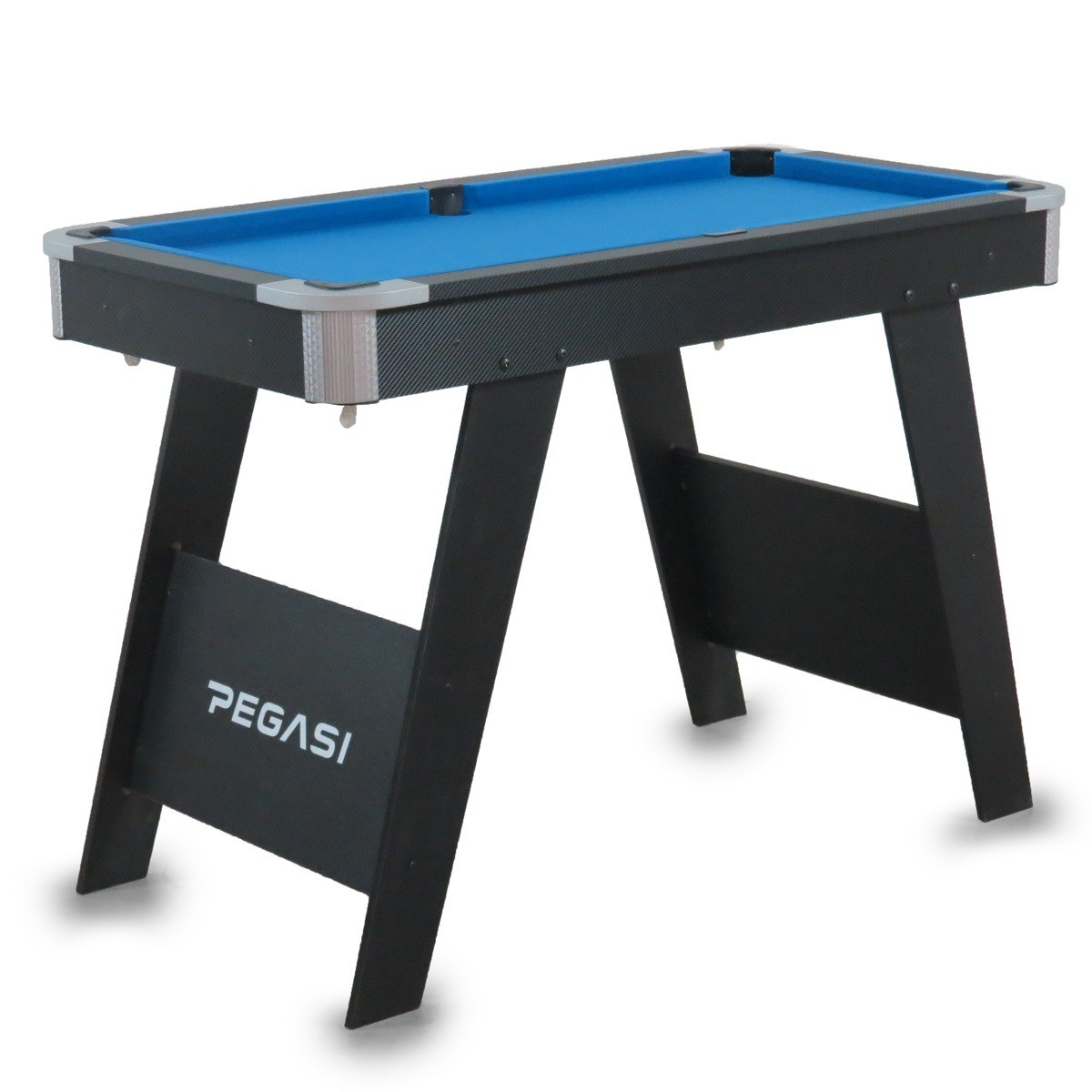 Een blauwe biljarttafel met een zwart frame en houten poten.