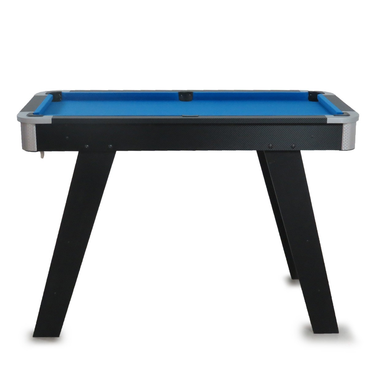 Een blauwe biljarttafel met een zwart frame en poten.