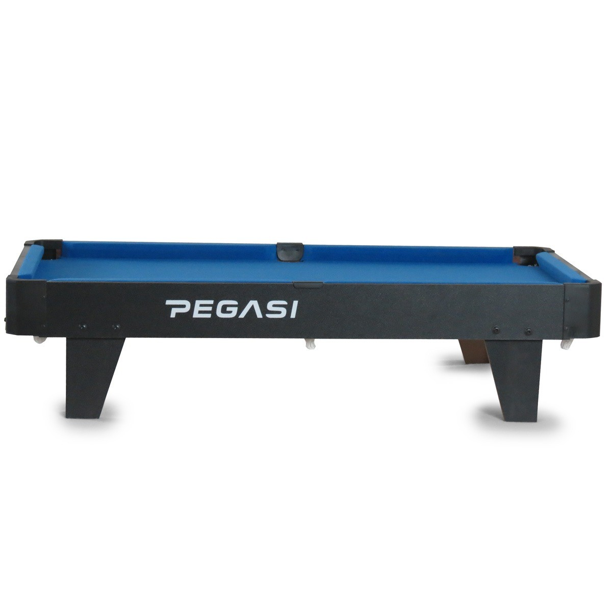 Een blauwe biljarttafel met een zwart frame en vier zwarte poten.