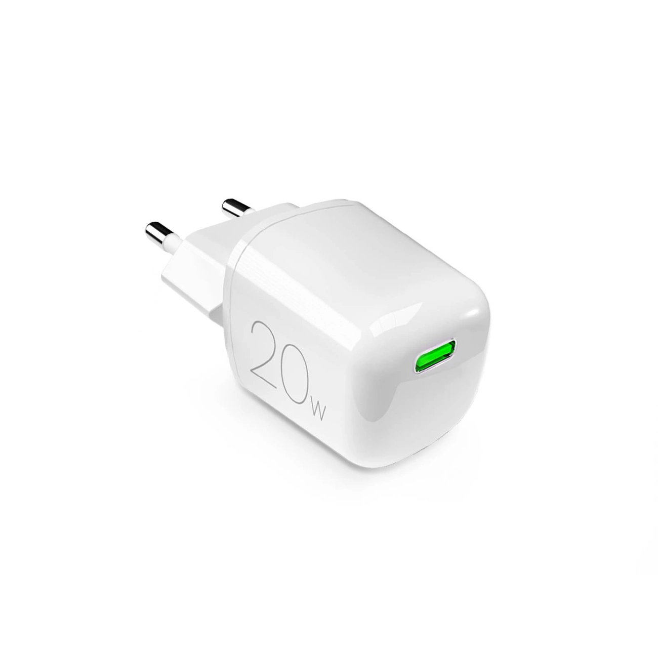 Un caricatore bianco da 20W con porta USB-C e luce LED verde.