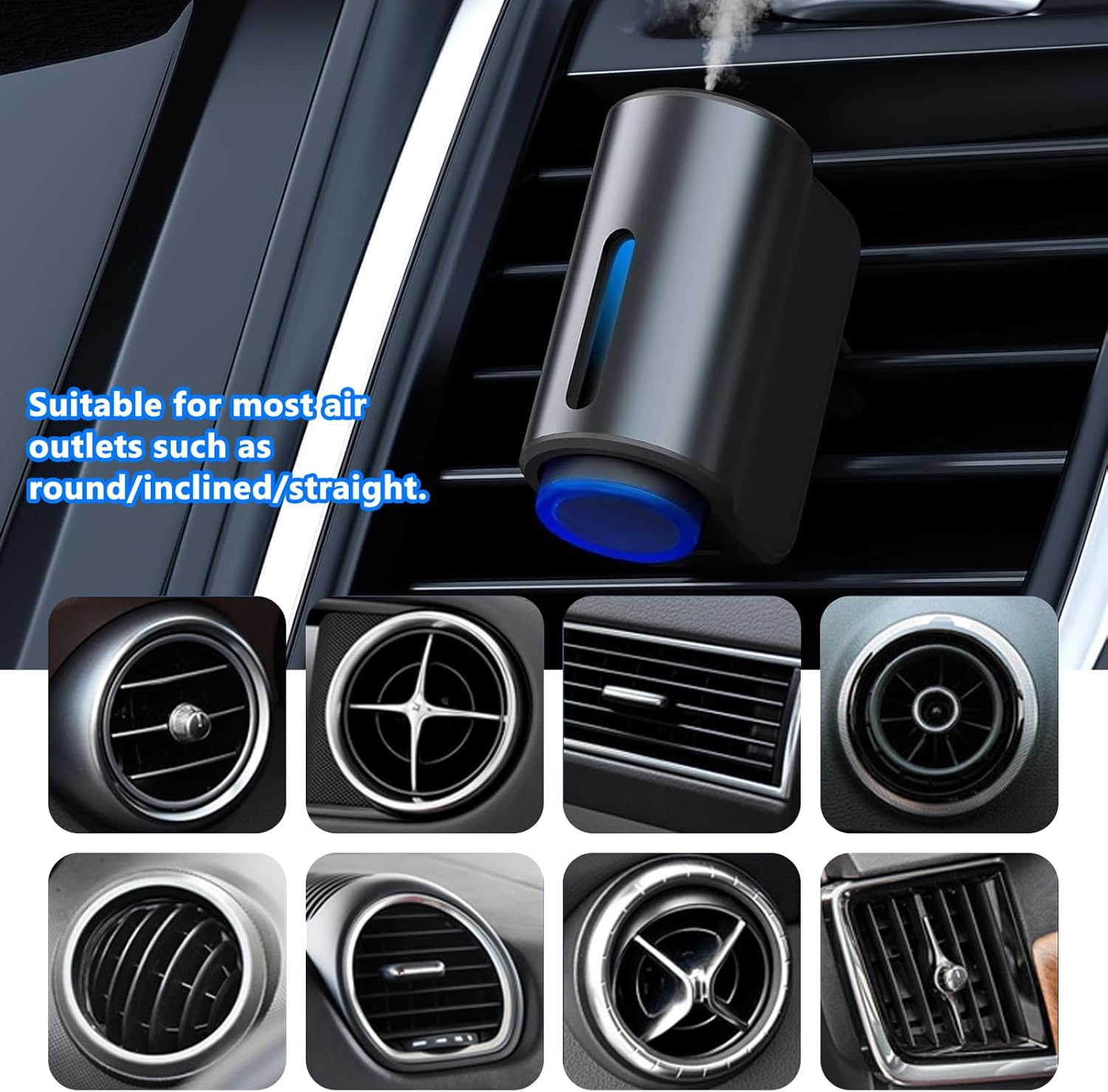 Un ambientador de coche negro con luz azul, emitiendo vapor.