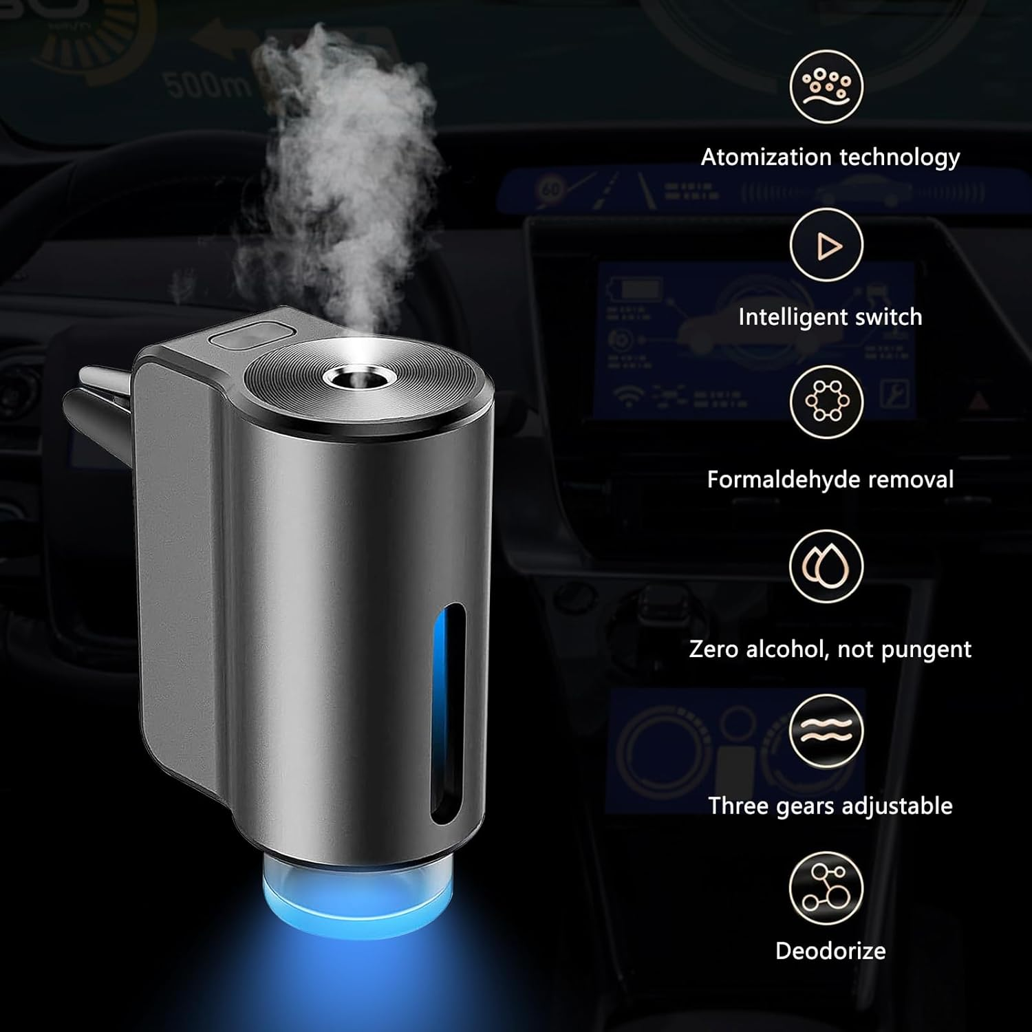 Un ambientador plateado para coche que emite niebla, con iluminación azul.