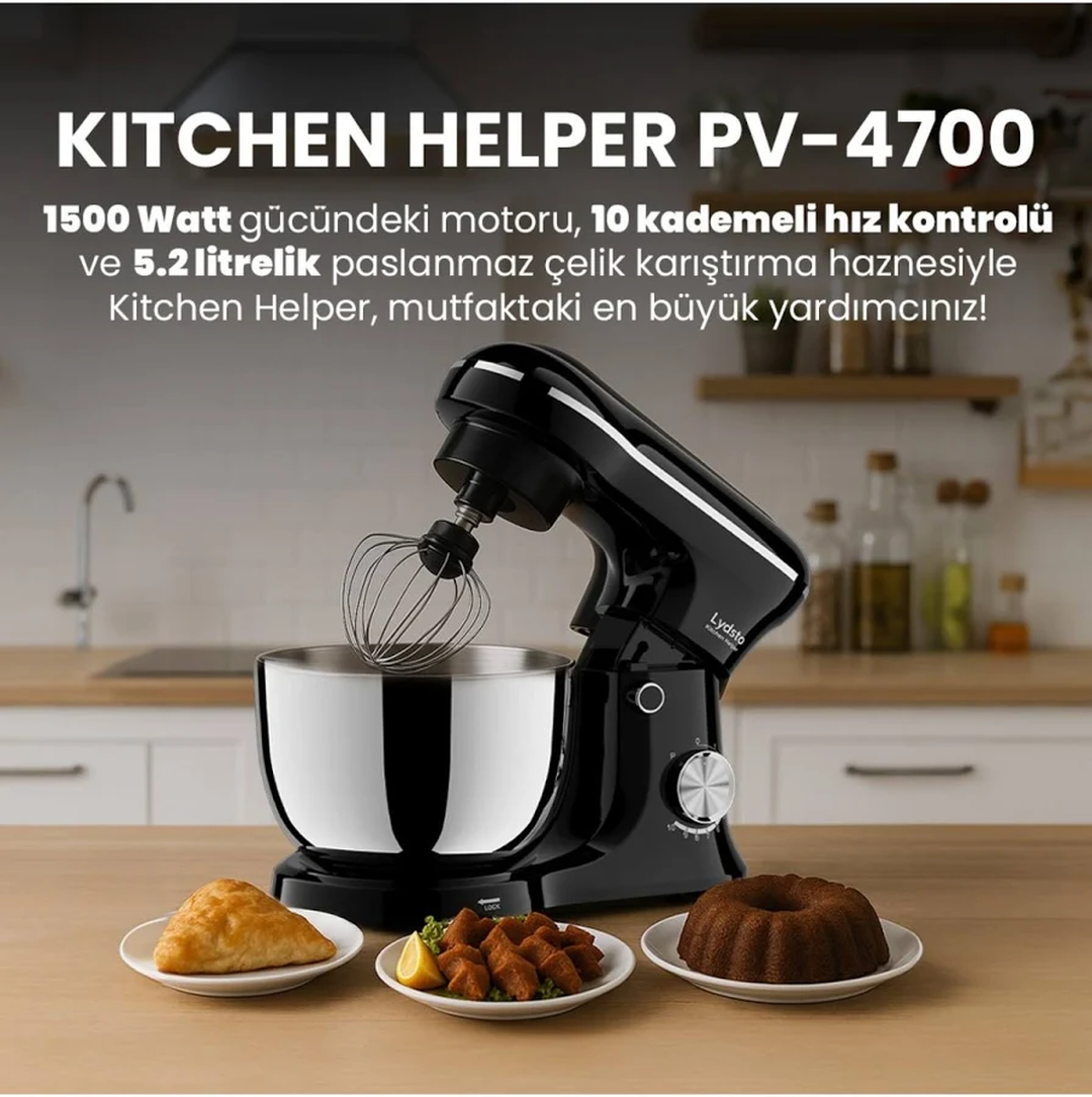 Siyah Kitchen Helper mikser, kase, kek ve hamur işi ahşap masada.