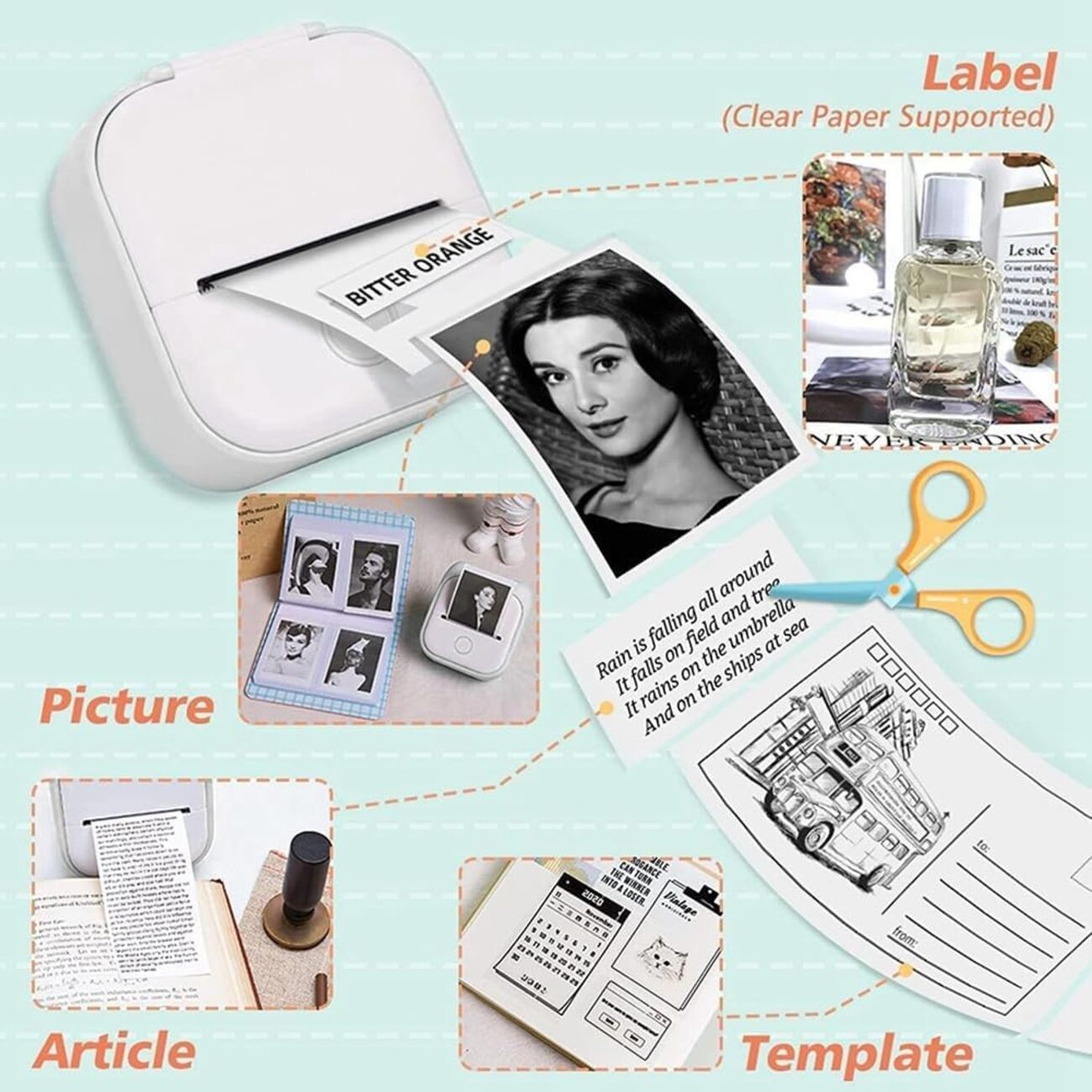 Una impresora móvil imprime fotos, etiquetas, artículos y plantillas.