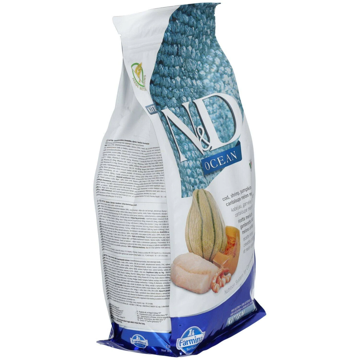 Torba karmy dla zwierząt z motywem morskim, zawierająca składniki takie jak dorsz, krewetki i melon.