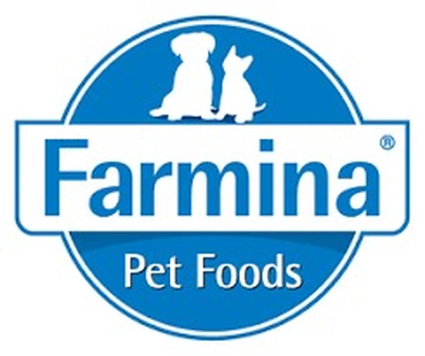 Logo z dwiema białymi sylwetkami psów i napisem 'Farmina Pet Foods'.