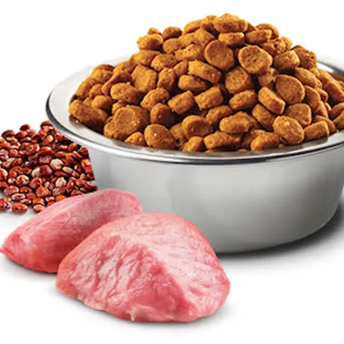Miska z karmą obok surowego mięsa i ziaren.