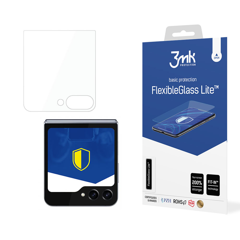 Uno smartphone pieghevole con protezione schermo e confezione.