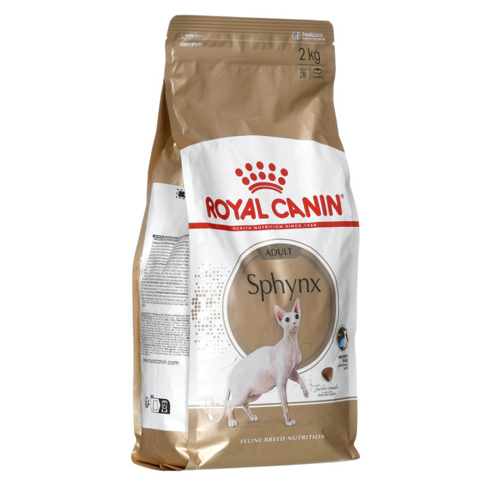 Worek 2 kg karmy dla kotów Royal Canin Sphynx, ze zdjęciem kota rasy Sphynx.