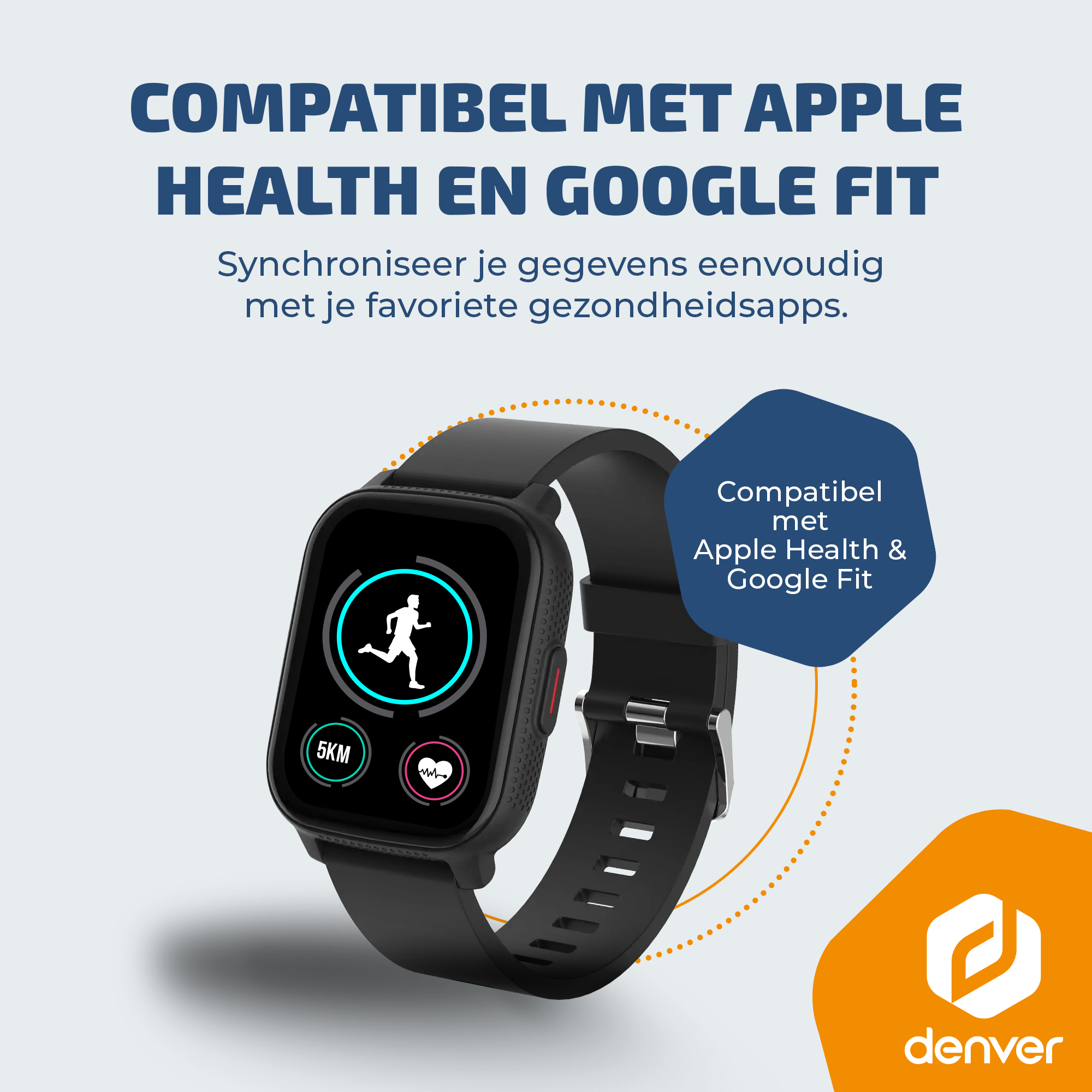 Zwarte smartwatch met loop- en hartslagweergave, compatibel met Apple Health.