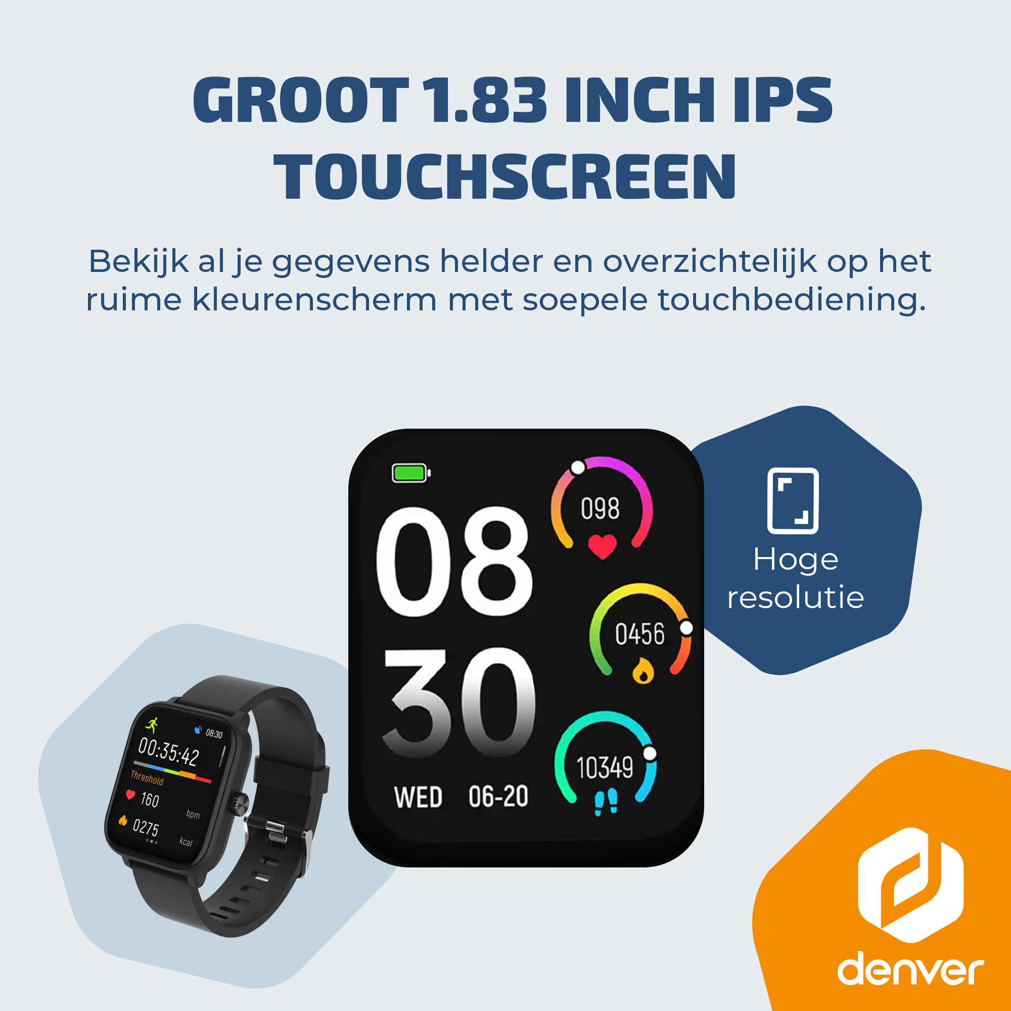 Zwarte smartwatch met groot touchscreen toont tijd, hartslag en calorieën.