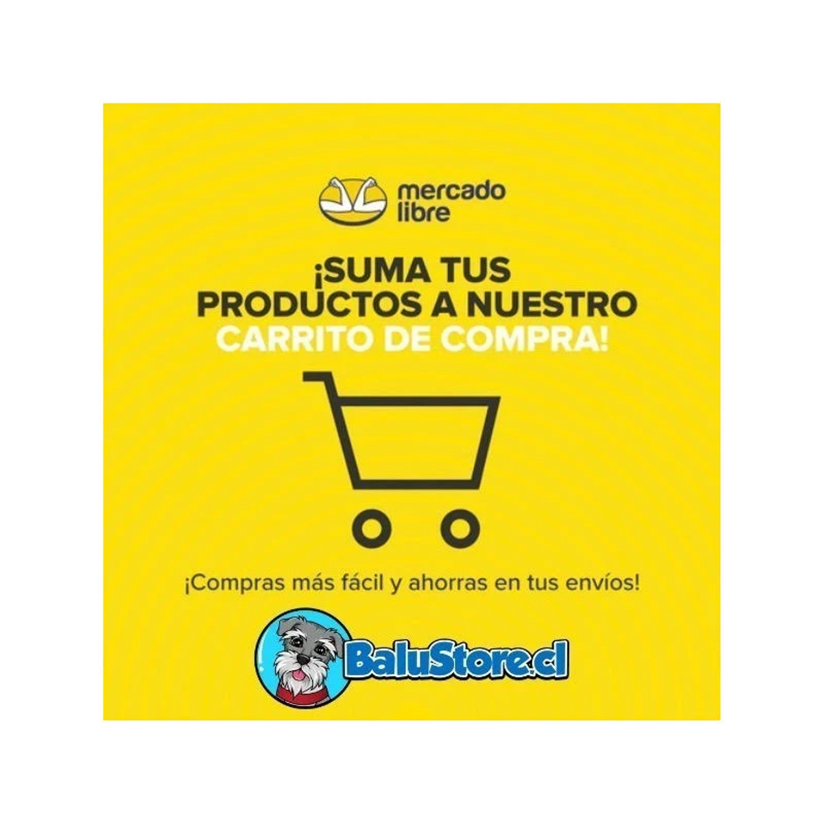 Żółte tło z logo Mercado Libre, ikoną koszyka i psem.