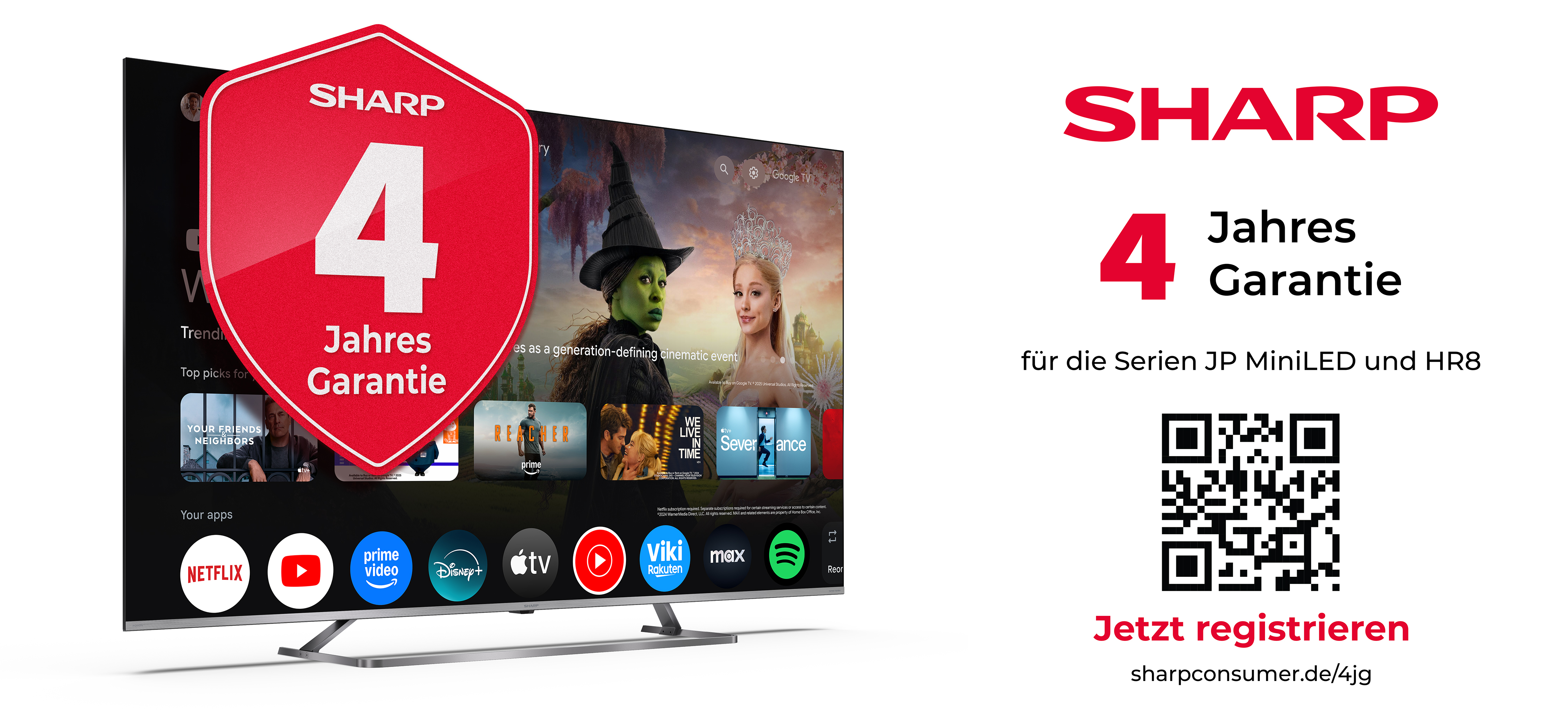 Sharp TV mit 4 Jahre Garantie Logo und QR-Code für Registrierung.