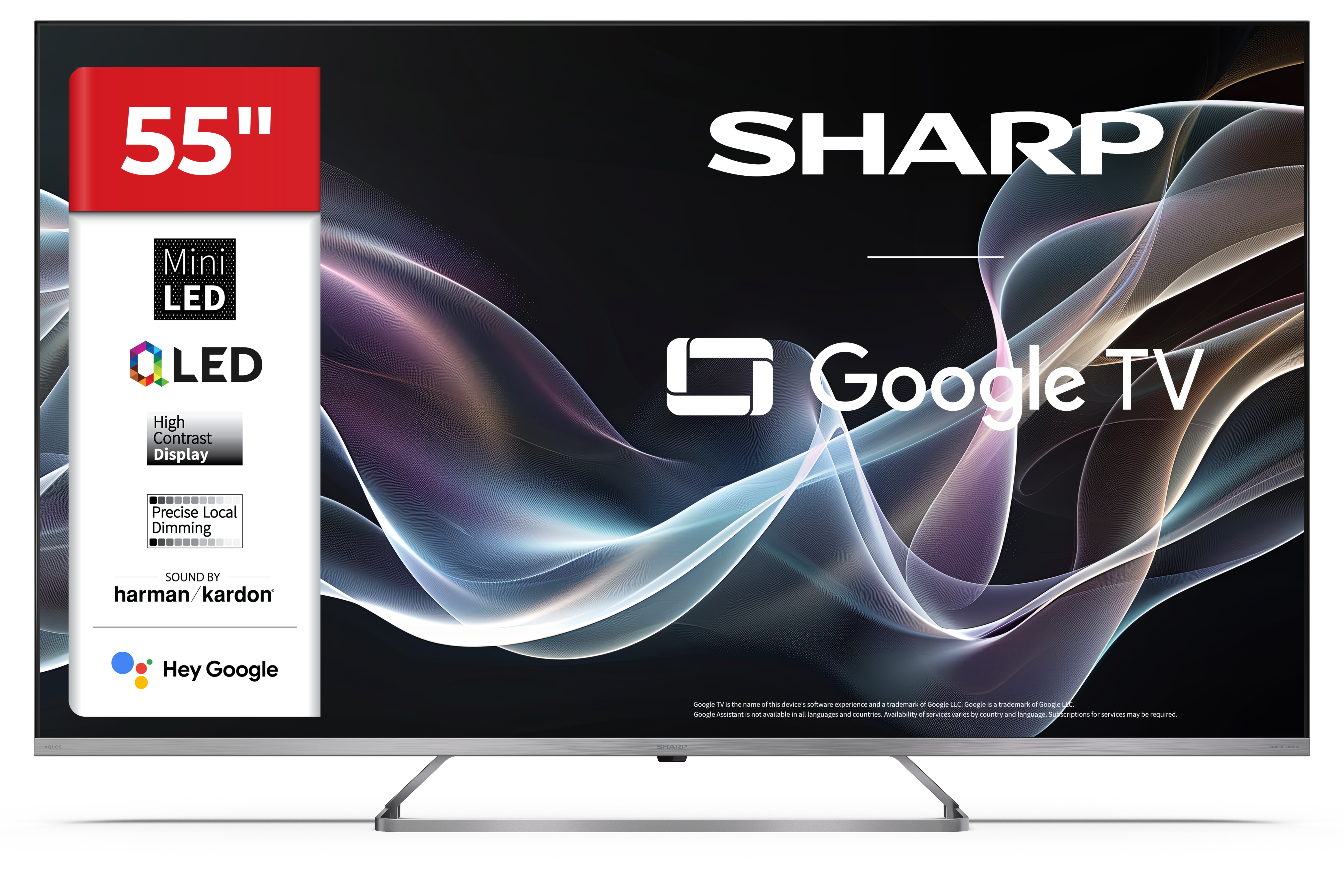 Sharp 55-Zoll Mini LED Google TV mit High Contrast Display und Harman Kardon Sound.