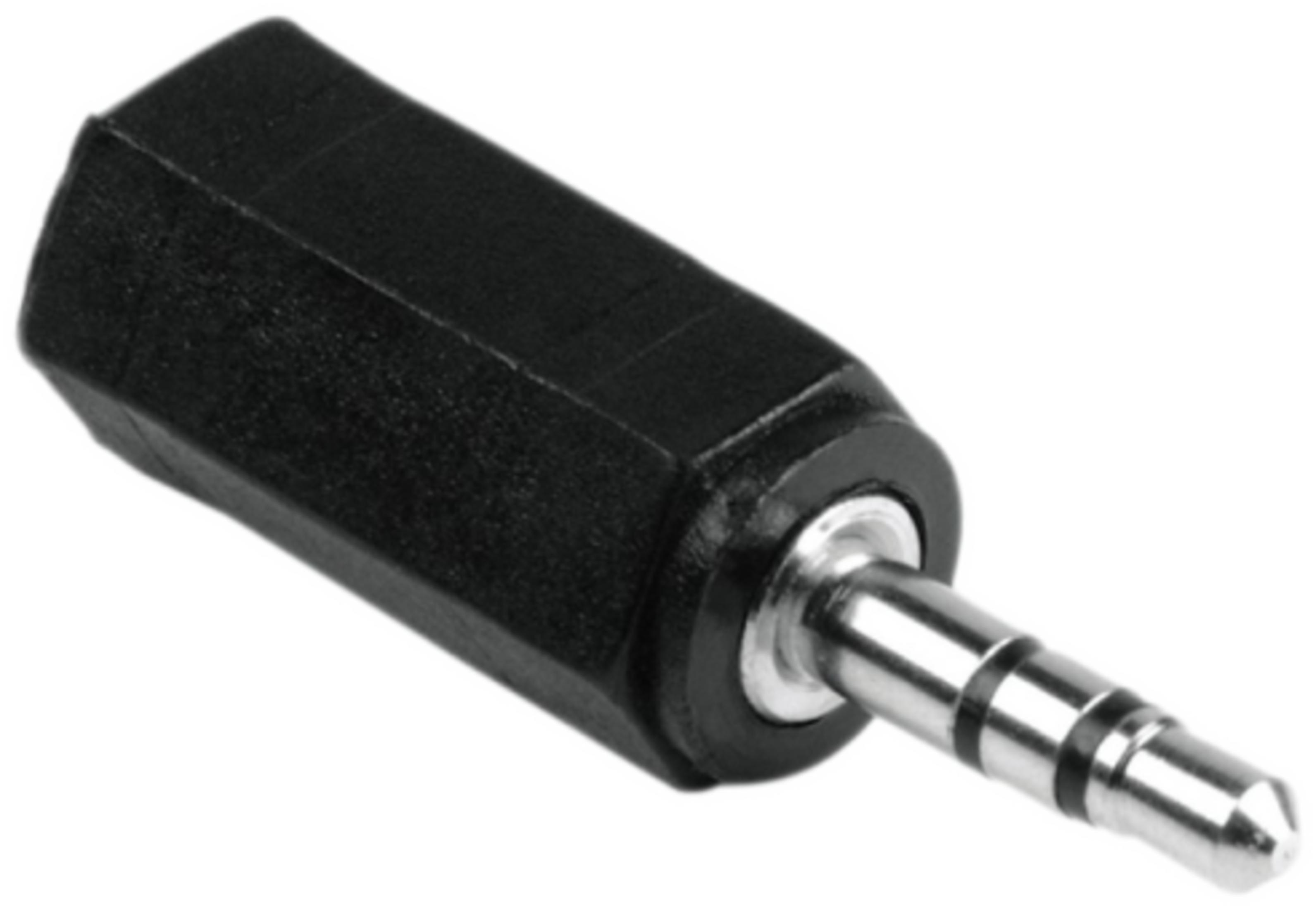 Ein schwarzer 3,5-mm-Klinkenadapter mit einem männlichen Stecker und einer weiblichen Buchse.