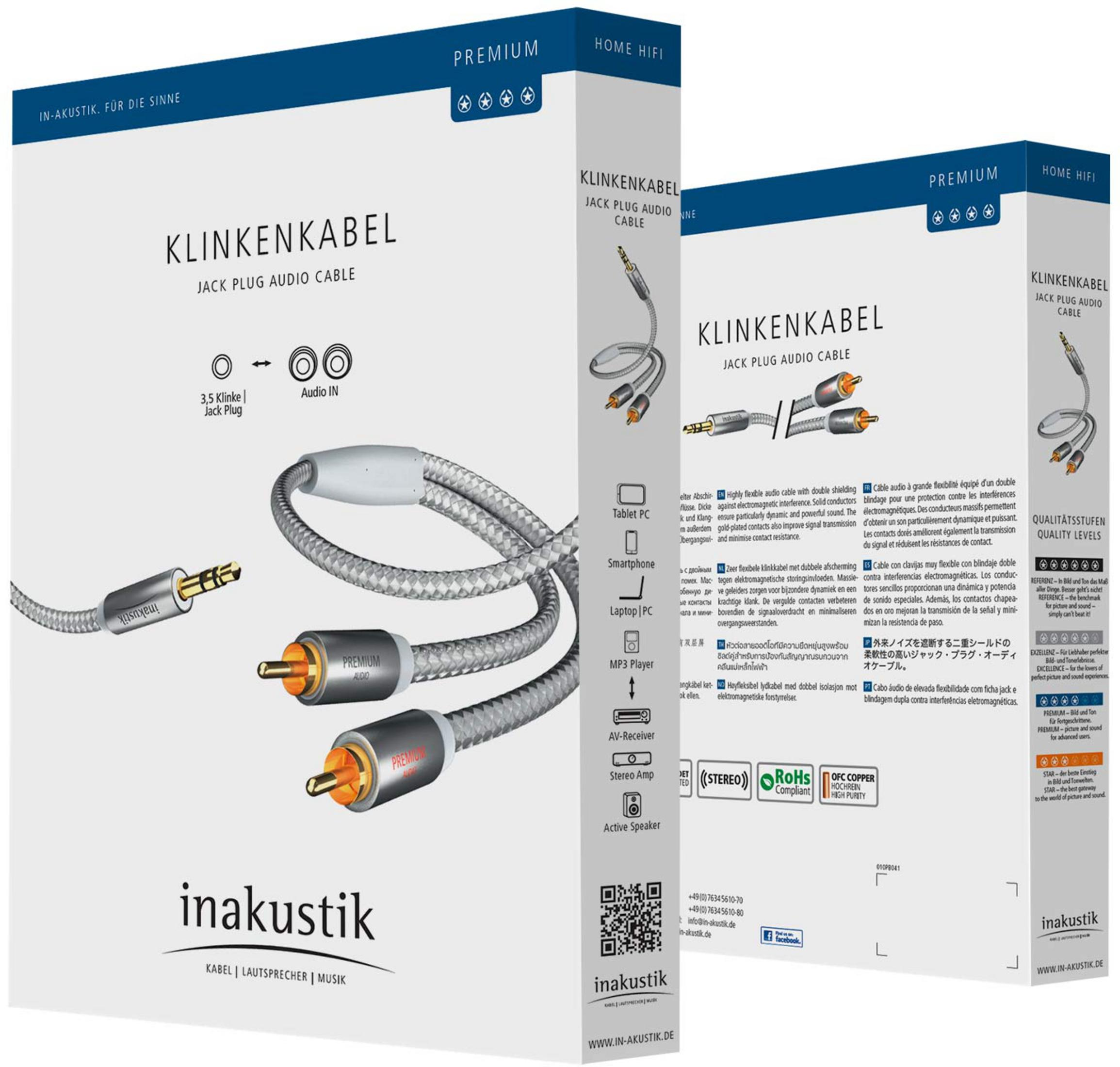 Inakustik Premium jack plug audio cable with RCA connectors and 3.5mm jack.