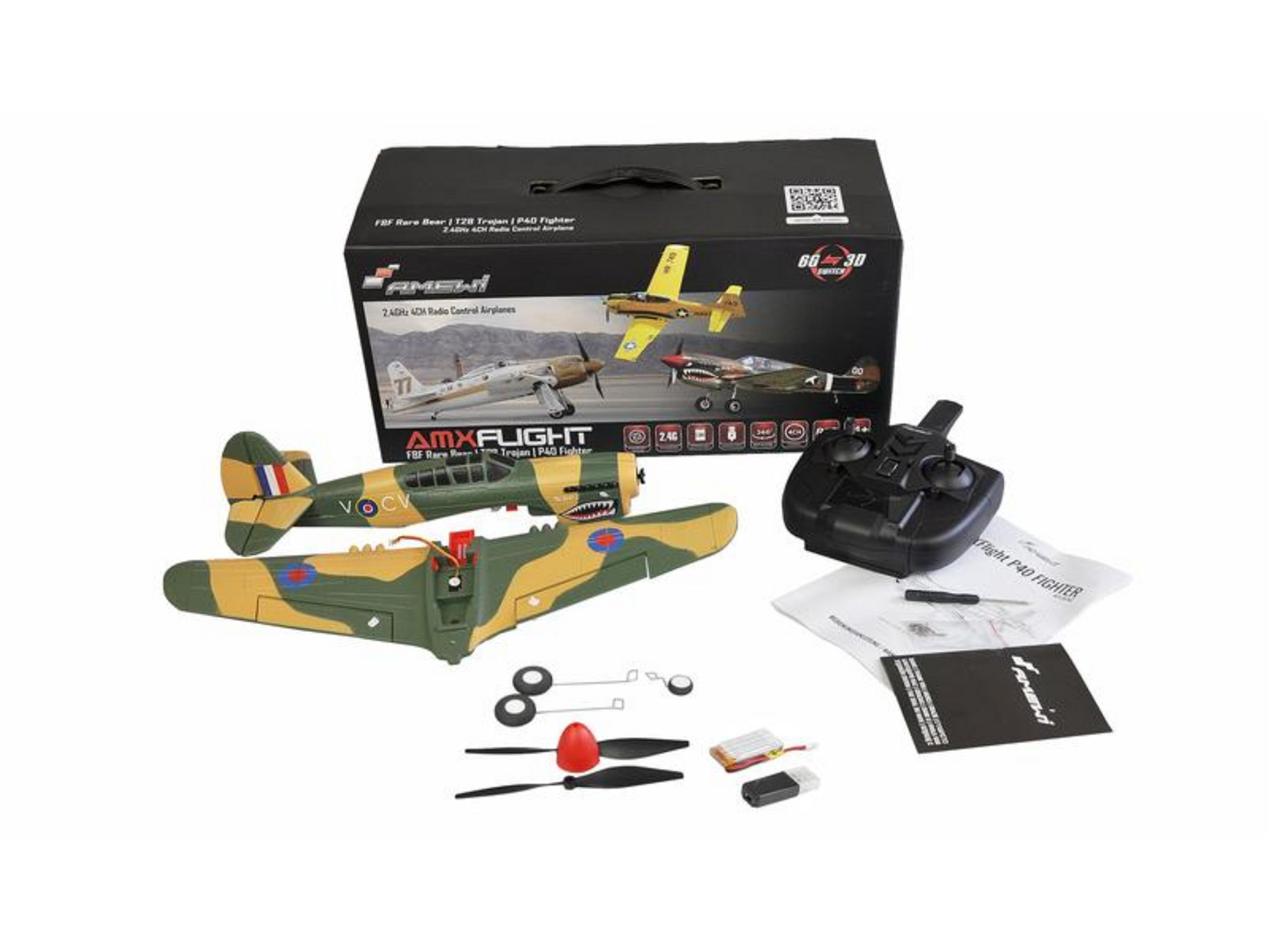 Avions RC avec télécommande, hélices, batterie et manuel.