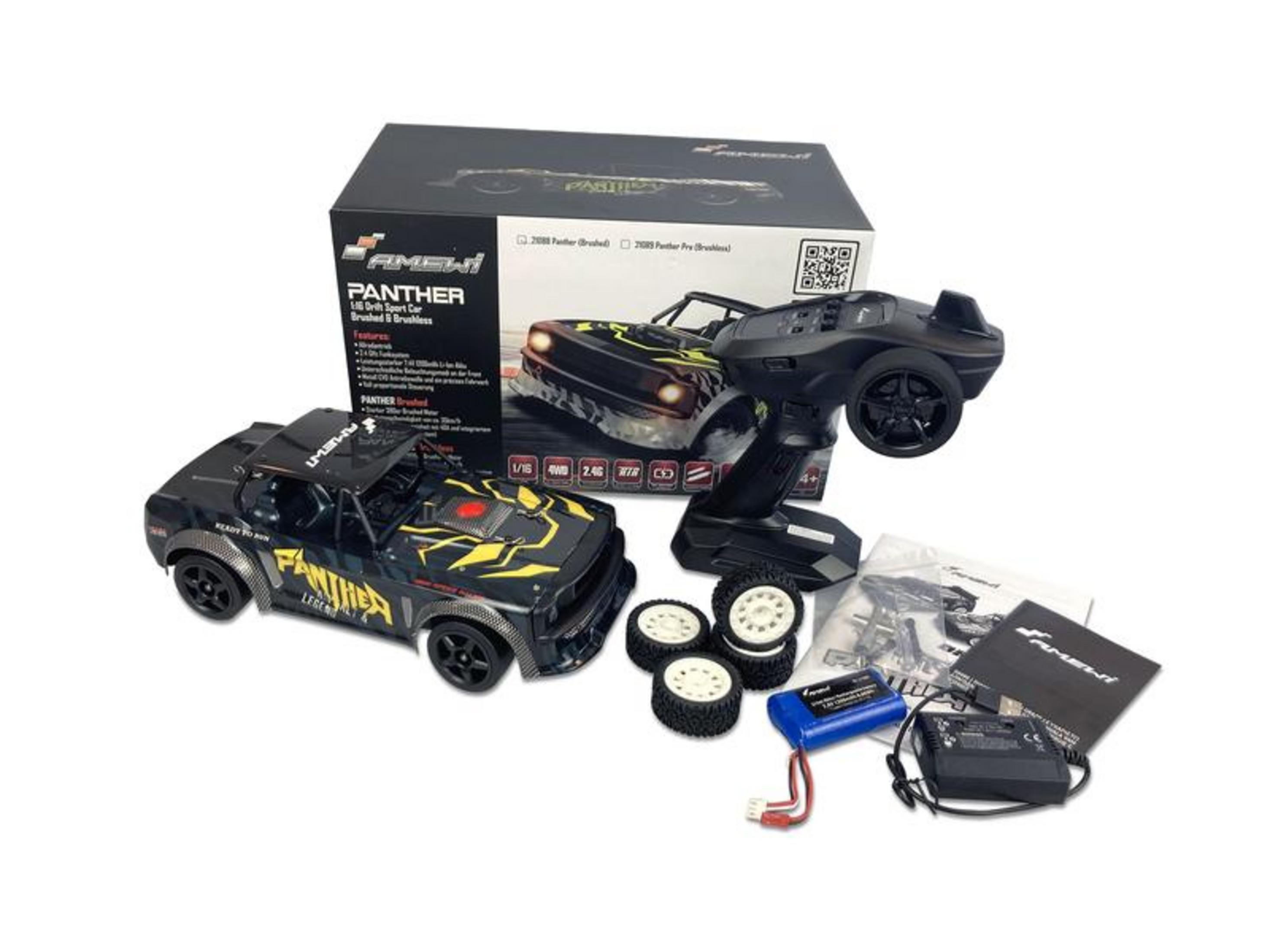 Un coche RC deportivo negro de deriva con detalles amarillos, control remoto y accesorios.