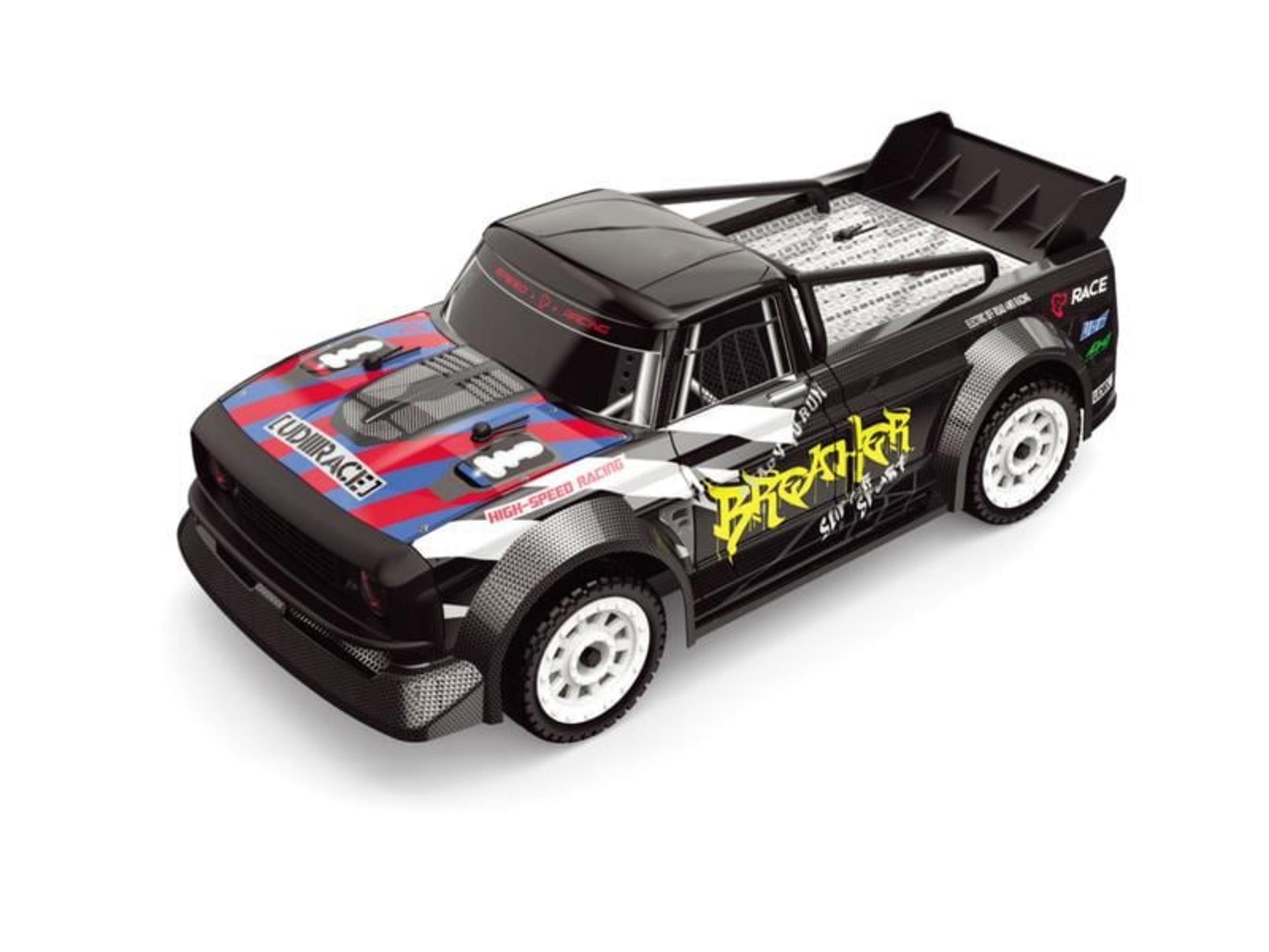 Un modèle de pick-up RC noir avec des rayures rouges, bleues et blanches sur le capot.