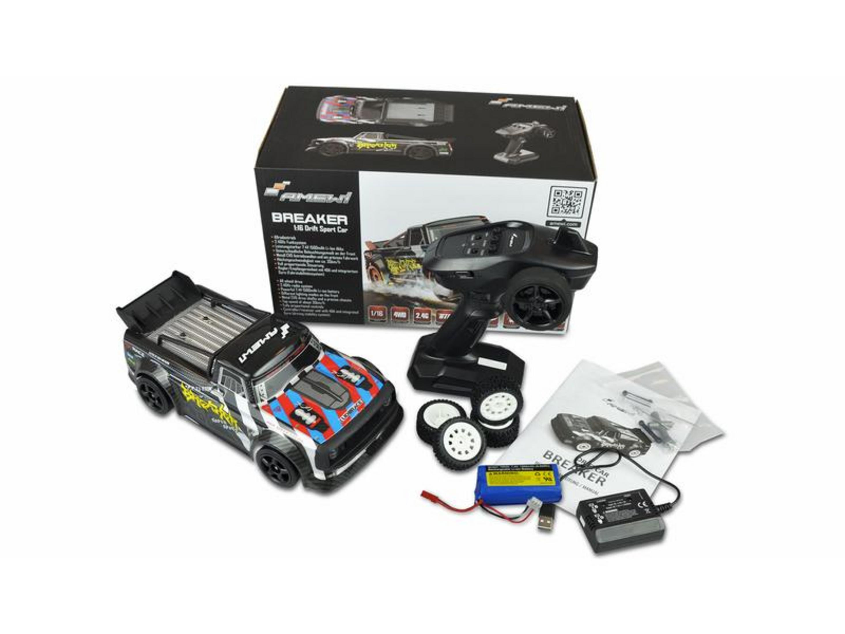 Une voiture de sport drift télécommandée avec une manette, une batterie et un chargeur.