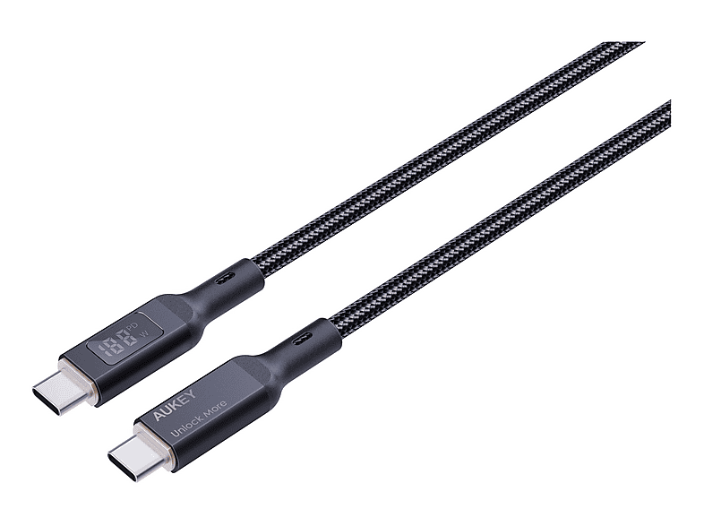 AUKEY CB-MCC102-BK 100W Naylon Örgülü 5A 480 Mbps LCD Ekranlı Type-C 1.8 m Şarj Kablosu Siyah