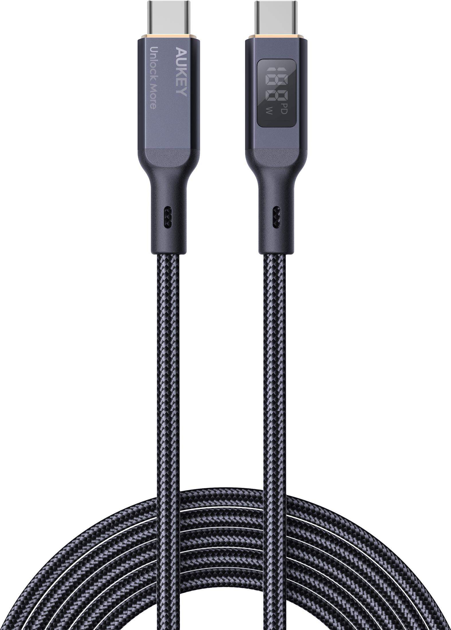 Dijital ekranlı ve örgülü kablolu iki USB-C kablosu.