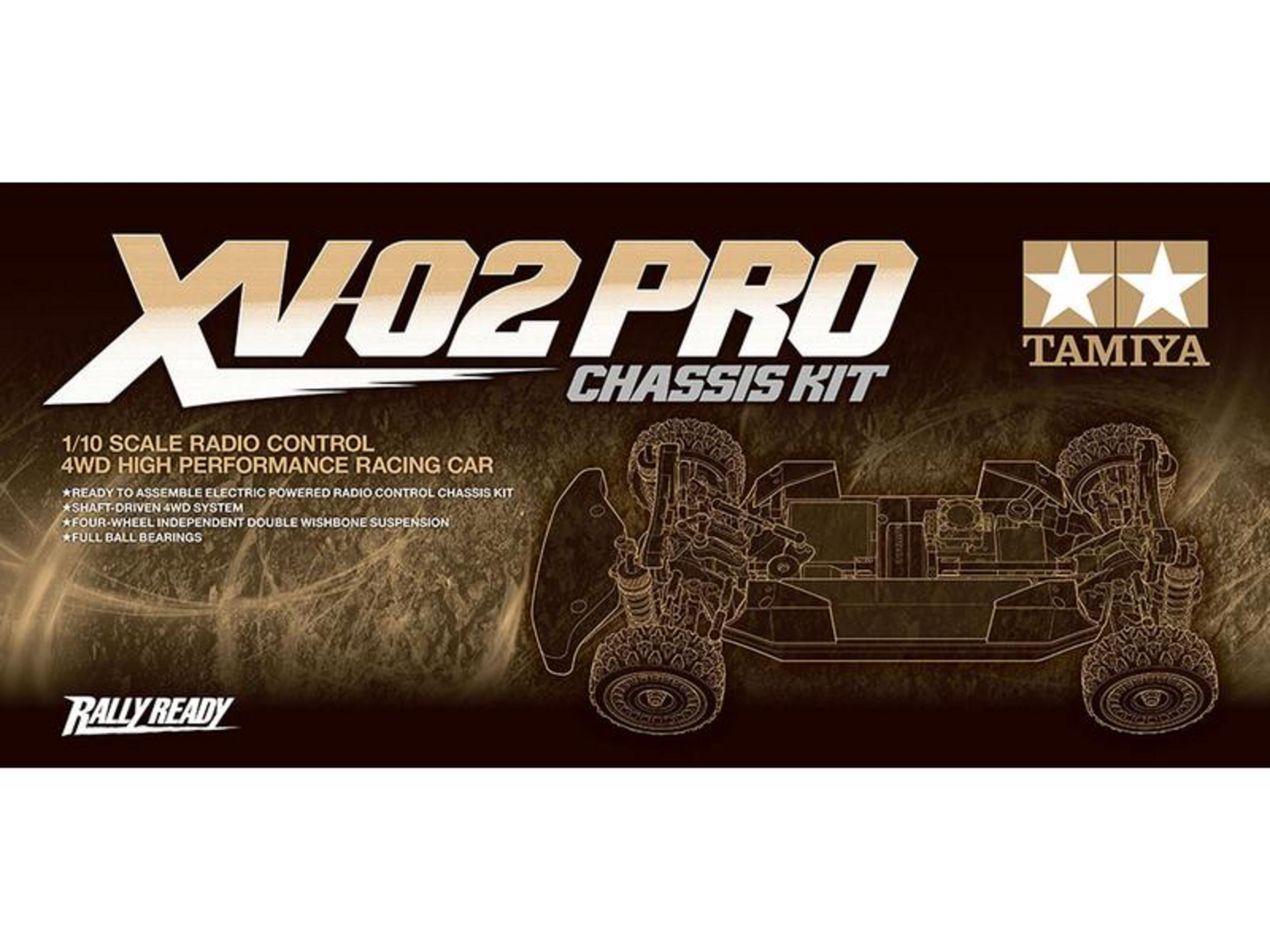 Kit Châssis Tamiya XV02 Pro: Voiture RC 4WD 1/10 avec illustration détaillée du châssis.
