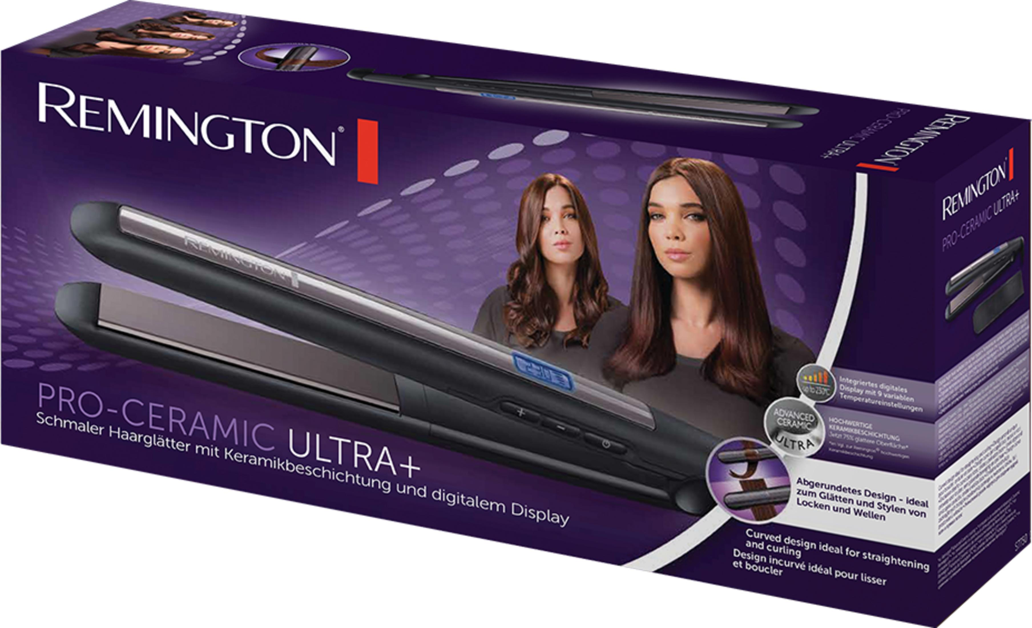 Boîte de lisseur Remington Pro-Ceramic Ultra+ avec deux femmes et l'appareil.