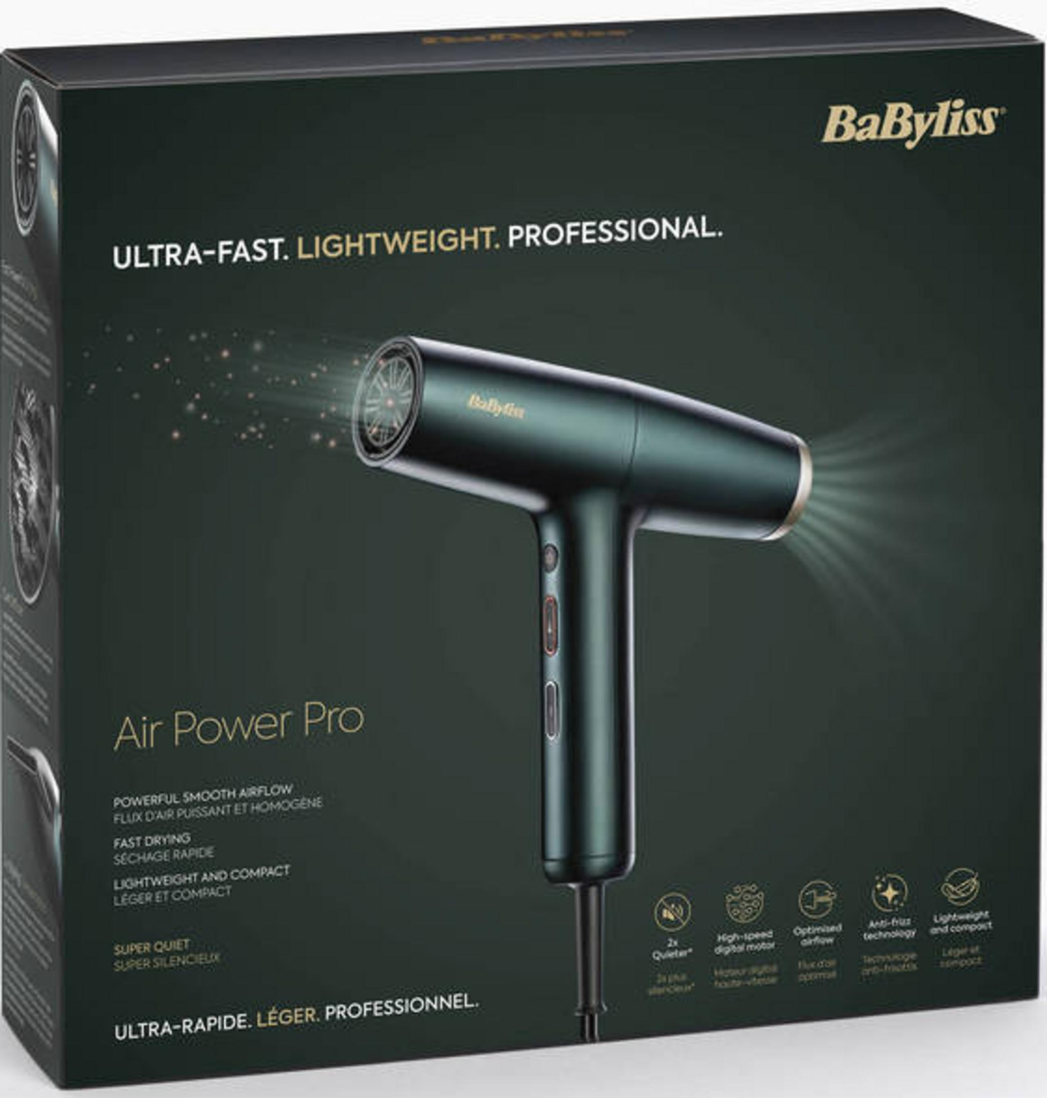 Zöld hajszárító doboza 'Air Power Pro' és 'BaByliss' felirattal.