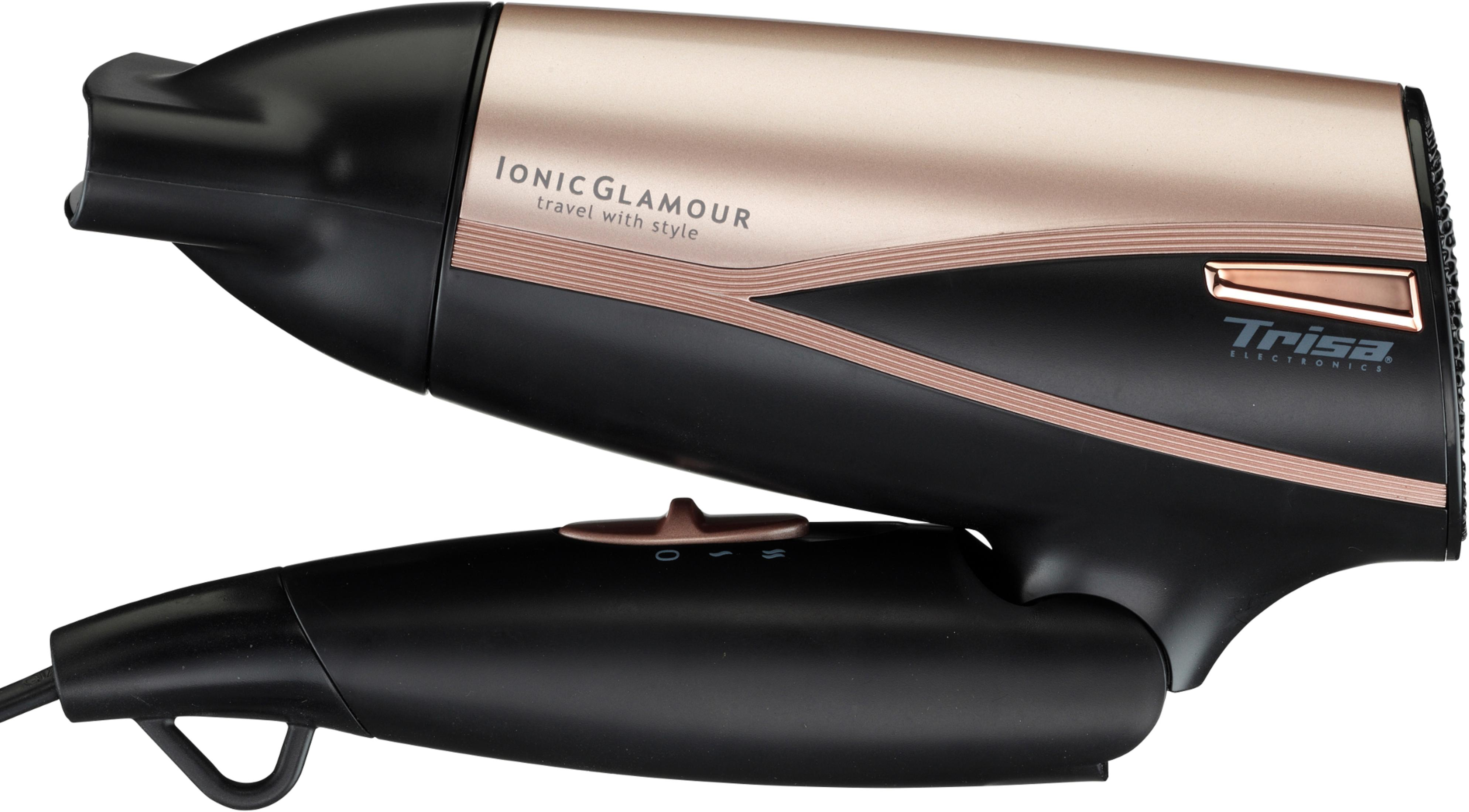 Schwarzer Haartrockner mit roségoldenen Akzenten und "Ionic Glamour" Aufschrift.