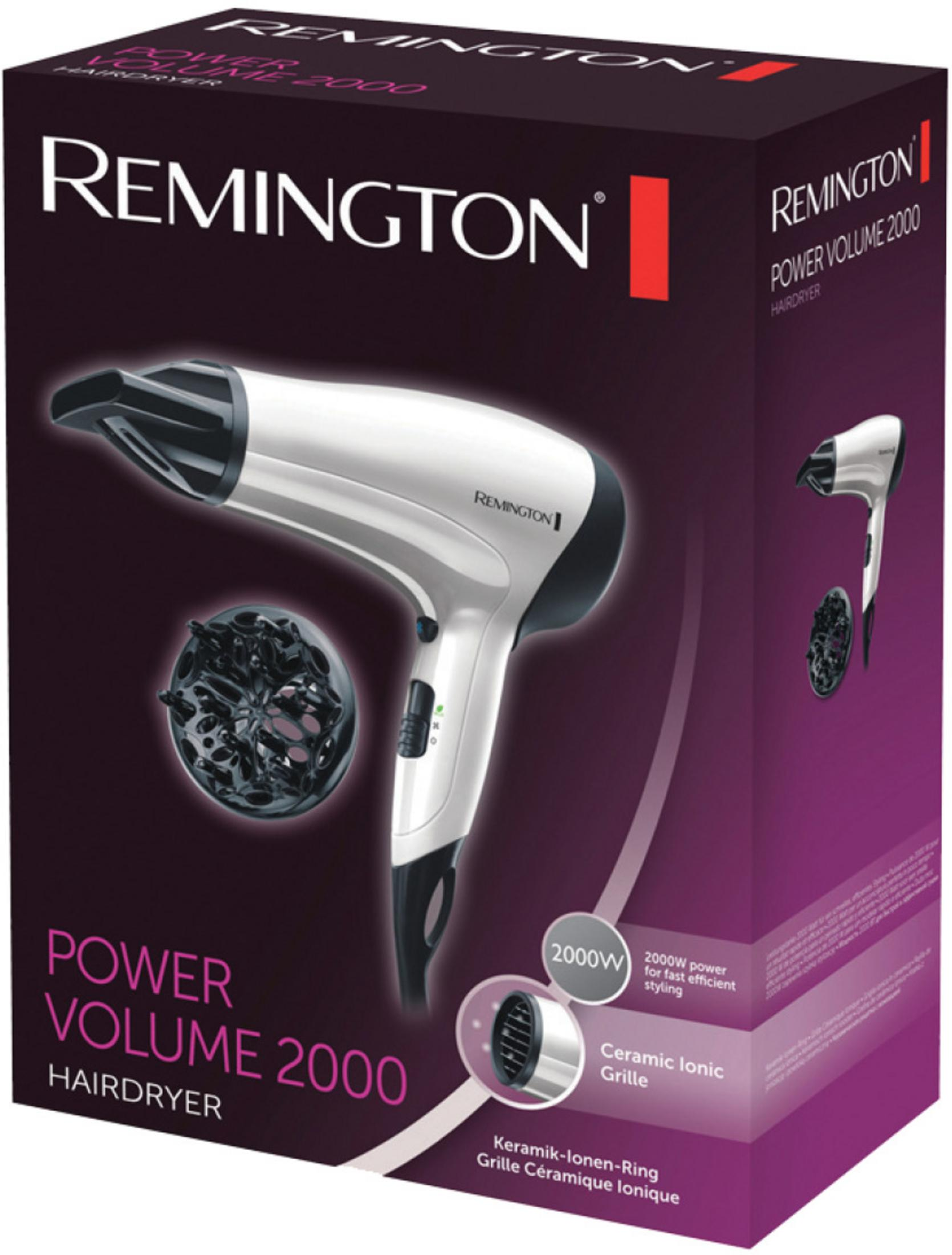 Verpackung eines weißen Remington Haartrockners mit Diffusor und Zubehör.