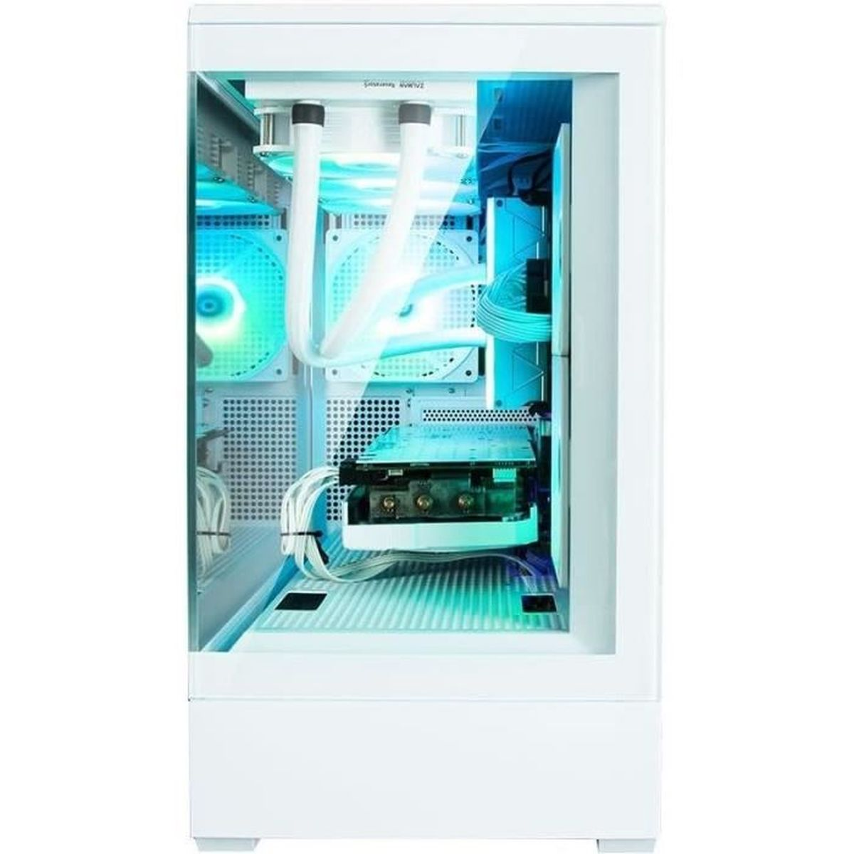 Tower PC bianco con ventole illuminate e accenti blu.