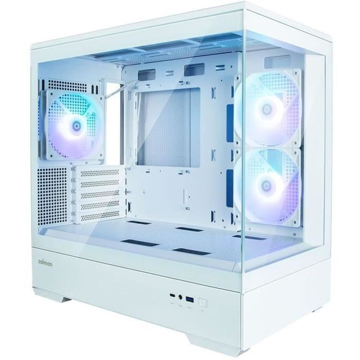 Un case per PC bianco con lati in vetro e ventole RGB.