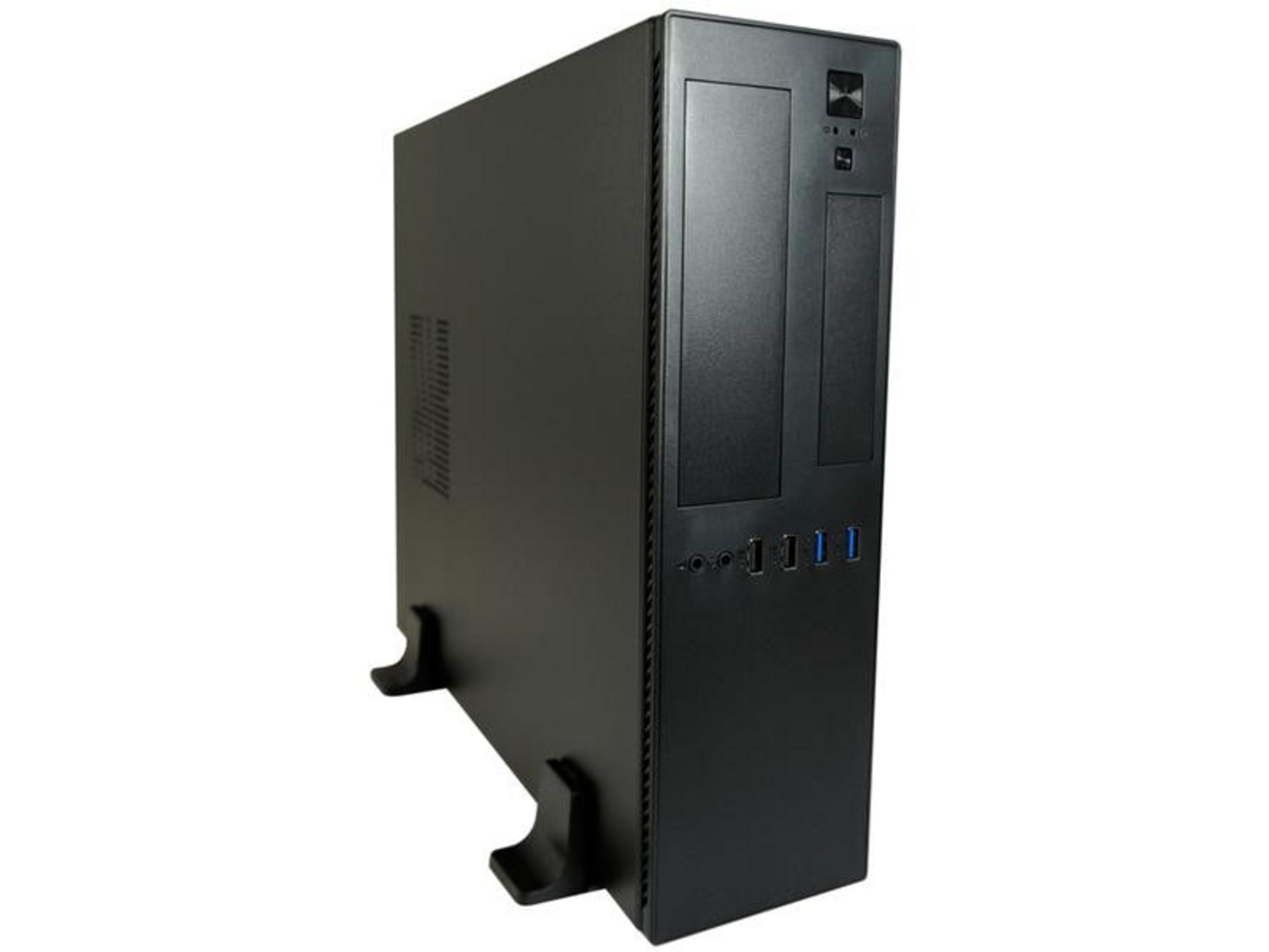 Schwarzes Computergehäuse auf zwei Ständern, mit Lüftungsschlitzen und Anschlüssen.
