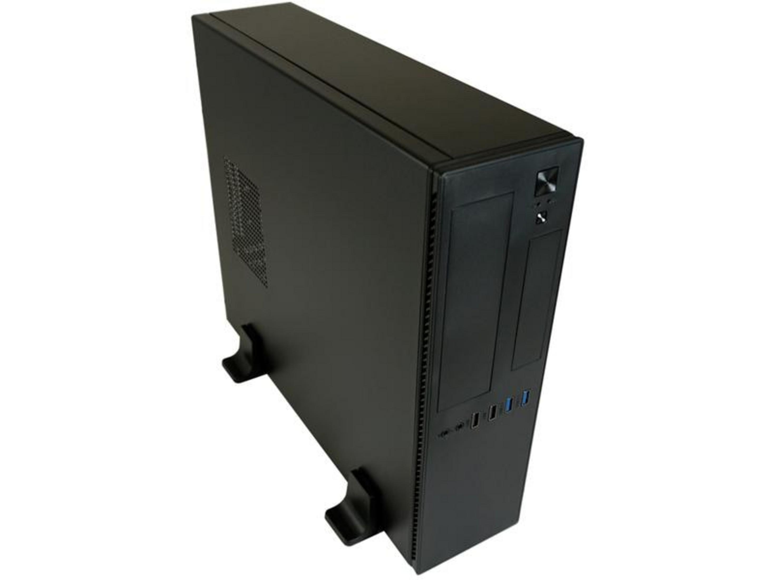Schwarzes Computergehäuse mit Füßen und USB-Anschlüssen.