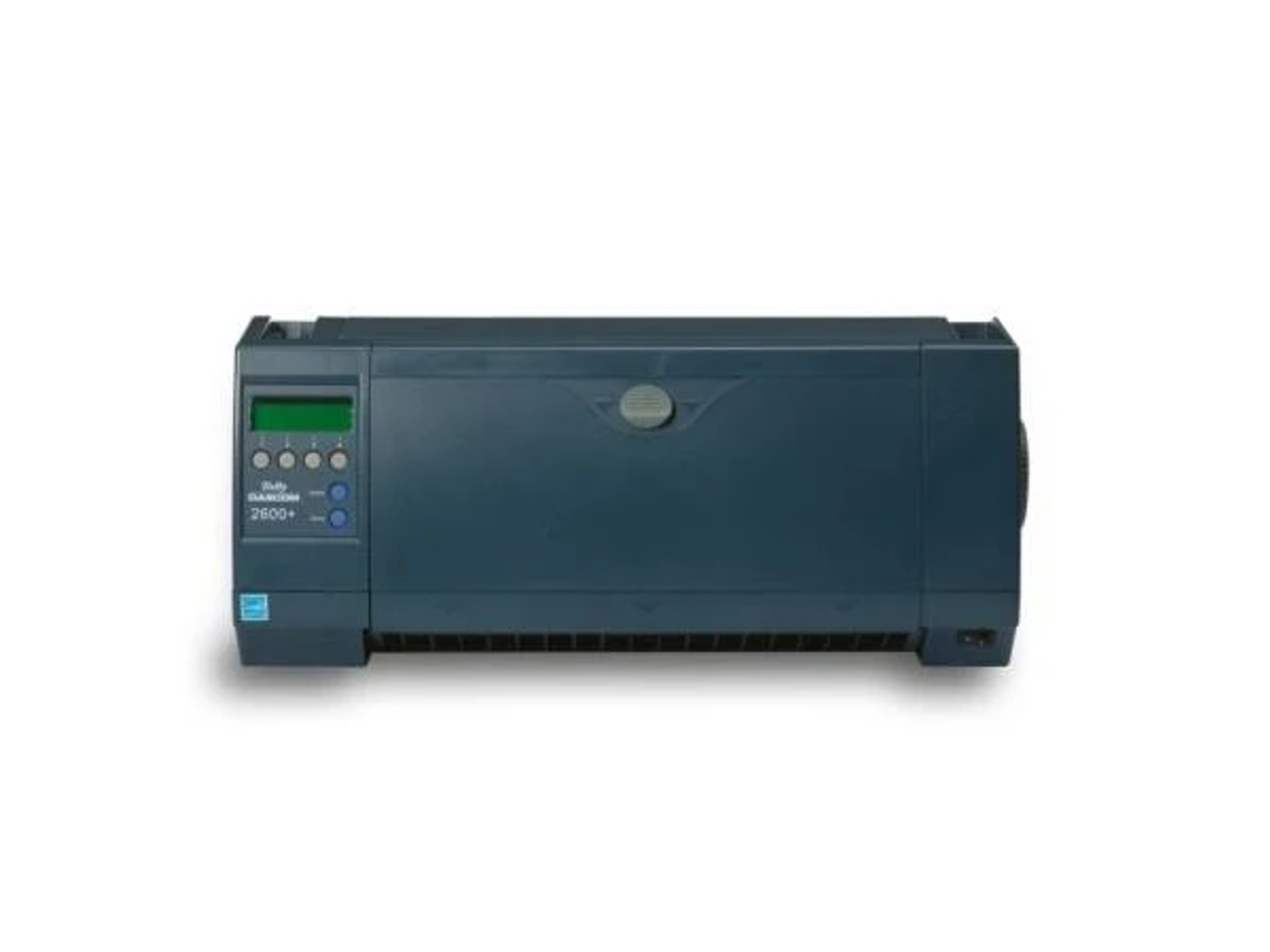 Stampante blu scuro con display verde e pulsanti blu.